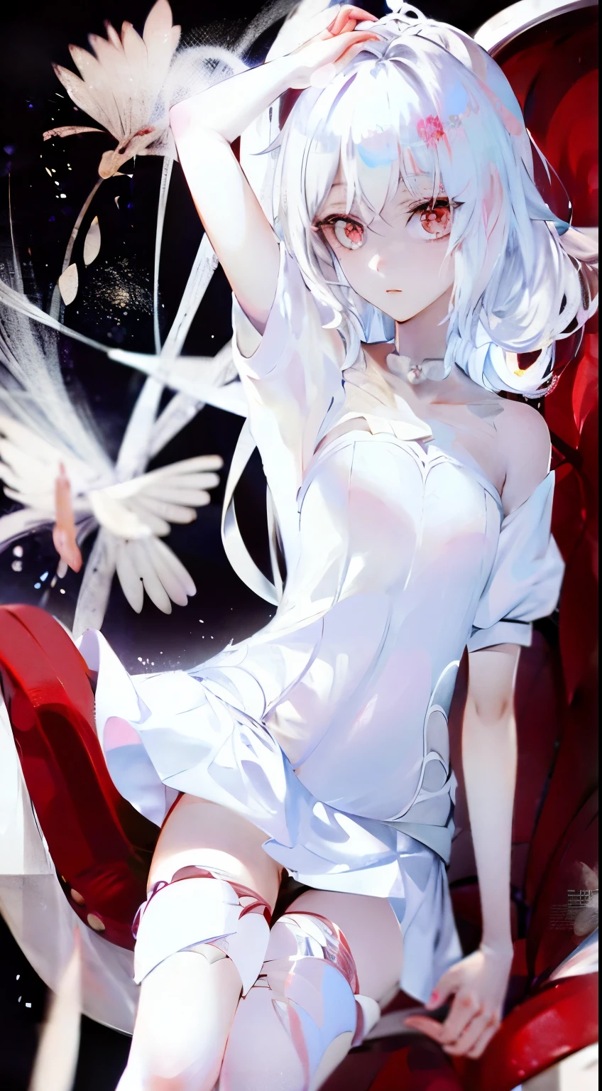 anime girl sitting on a red chair with white flowers, white haired deity, nightcore, demon anime girl, gapmoe yandere, white haired, ethereal anime, guweiz, anime goddess, anime wallaper, white cat girl, from touhou, white-haired, gapmoe yandere grimdark, anime girl, beautiful anime artwork, beautiful anime girl