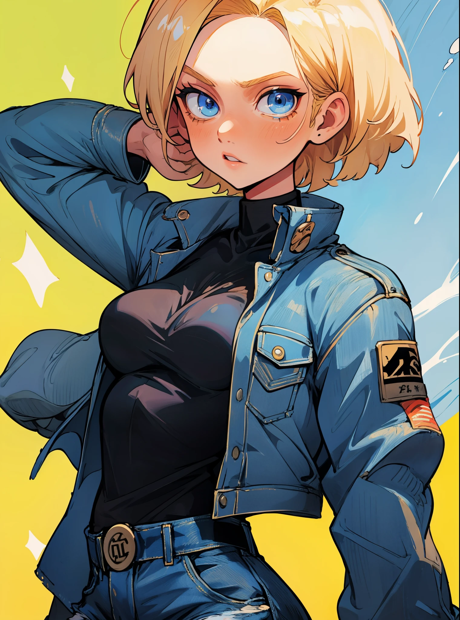 android 18, blue eyes, blonde hair, short hair, denim jacket, black shirt, medium breasts