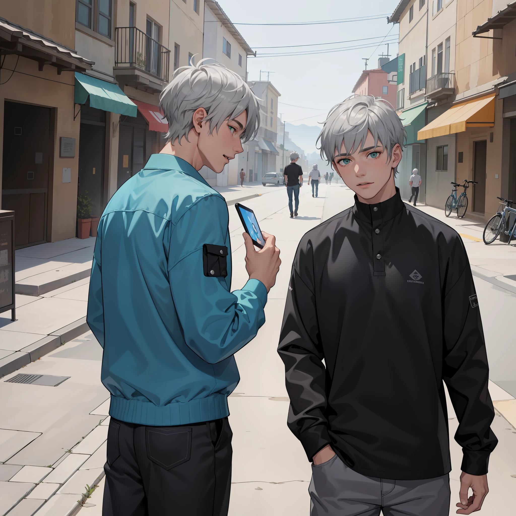 In the background there is a city with green mountains, silver Two teenage friends of with silver hair one threatens the other , With Latin skin and light gray hair on the outskirts of a large silver city they are talking about an important topic they are friends almost like brothers........