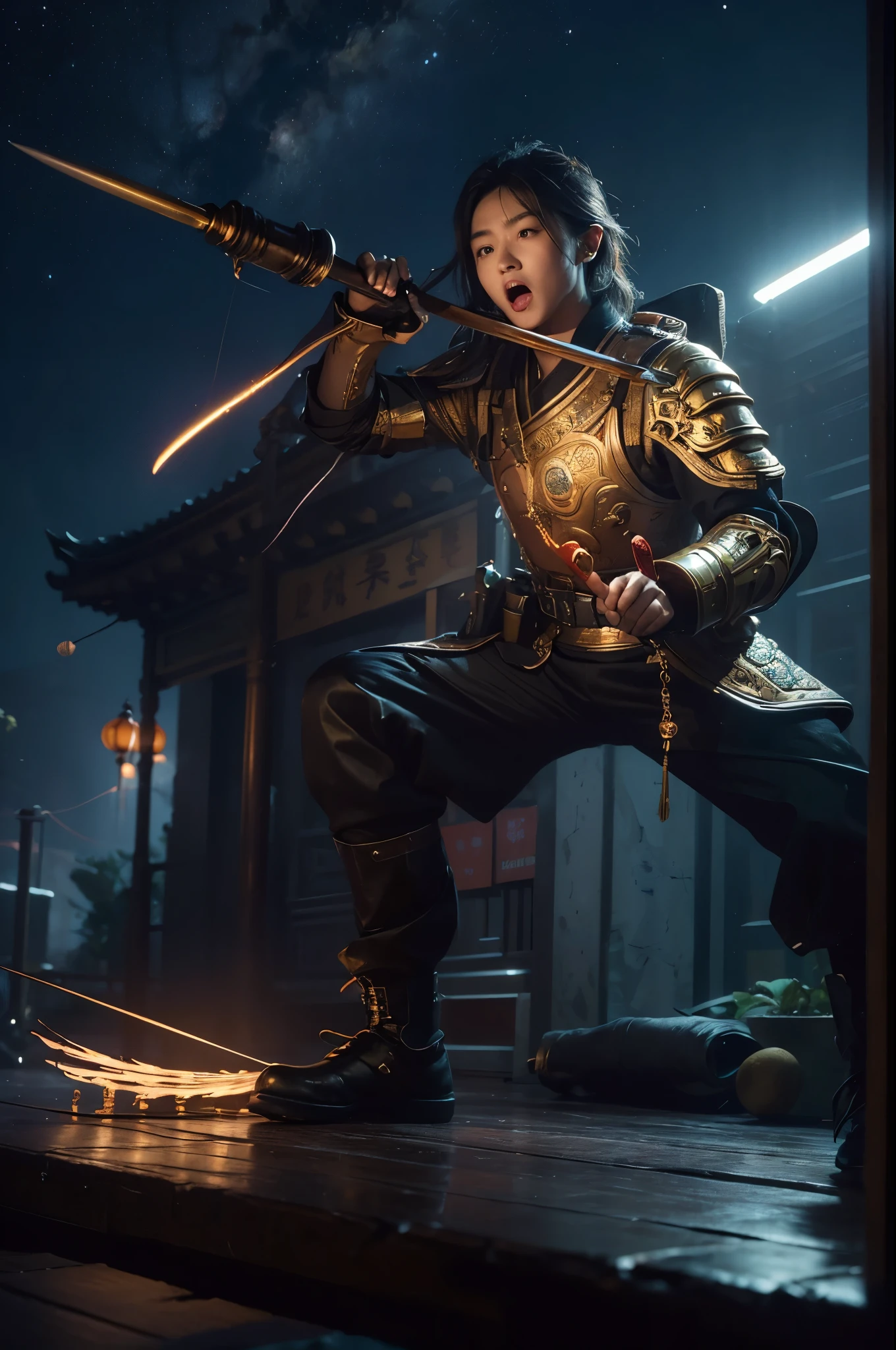 (Highest picture quality), (ultra-detailed), (sharp focus), (close-up), (depth of field:1.3), RAW, realistic, (colorful, vivid colors:1.1), (masterpiece), (best quality), photorealistic, absurdres, (highres), BREAK, ((1boy)), (a chinese man), solo, looking at viewer, 18 years old, (detailed skin, detailed face, detailed intricate iris, nice hands, perfect hands:1.3), (intricate details), (maximum details), (delicate), (hand of Guido Daniele:1.4), BREAK, (beautiful detailed glow:1.2), (cinematic lighting), (rim lighting:1.4), (two tone lighting:1.3), (reflection, refraction:1.2), (Rembrandt lighting:1.4), (Rule of thirds:1.3), (light play, shadow play:1.3), (glamour photography, cinematic, film grai, anime aesthetic), (diffused lighting, bokeh, lens flare, light particles:1.3), (dynamic lighting), ray tracing, volumetric lighting, (dramatic lighting), (explosive light and shadow:1.4), (Dynamic Pose, Dynamic Angle:1.2), (moody lighting), BREAK, twgod, Taiwanese hell police, pauldrons, helmet, holding handcuffs, holding timtoken, timtoken, (holding polearm:1.4), temple, chinese style architecture, (combat pose, angry face, fighting pose, aggressive stance, fangs, roaring, sharp eyes, open mouth:1.3), (soft light passing through hair, light patterns on skin:1.2), (huge muscles, very muscular, thick upper arms:1.1), (stars, milky way, night, starry:1.4), (reflective, shiny:1.2), (building), (ornate Taiwanese temple paifang, taiwanese_temple), (jiufen taiwan:1.3), scenery, (from below:1.3), outdoors, full body, BREAK, (Makeup:1.3), (human anatomy, golden ratio:1.1), BREAK,