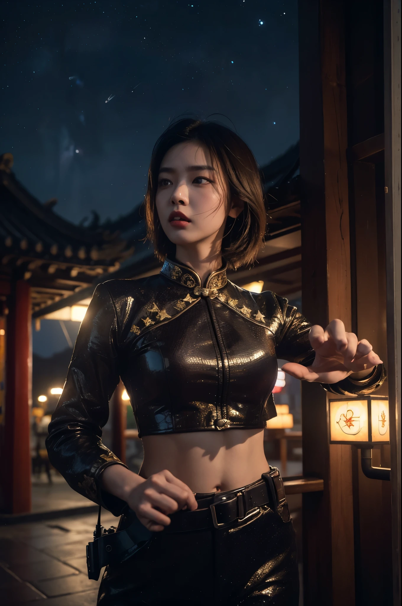 (Highest picture quality), (ultra-detailed), (sharp focus), (close-up), (depth of field:1.3), RAW, realistic, (colorful, vivid colors:1.1), (masterpiece), (best quality), photorealistic, absurdres, (highres), BREAK, ((1boy)), (a chinese man), solo, looking at viewer, 18 years old, (detailed skin, detailed face, detailed intricate iris, nice hands, perfect hands:1.3), (intricate details), (maximum details), (delicate), (hand of Guido Daniele:1.4), BREAK, (beautiful detailed glow:1.2), (cinematic lighting), (rim lighting:1.4), (two tone lighting:1.3), (reflection, refraction:1.2), (Rembrandt lighting:1.4), (Rule of thirds:1.3), (light play, shadow play:1.3), (glamour photography, cinematic, film grai, anime aesthetic), (diffused lighting, bokeh, lens flare, light particles:1.3), (dynamic lighting), ray tracing, volumetric lighting, (dramatic lighting), (explosive light and shadow:1.4), (Dynamic Pose, Dynamic Angle:1.2), (moody lighting), BREAK, twgod, Taiwanese hell police, pauldrons, helmet, holding handcuffs, holding timtoken, timtoken, (holding polearm:1.4), temple, chinese style architecture, (combat pose, angry face, fighting pose, aggressive stance, fangs, roaring, sharp eyes, open mouth:1.3), (soft light passing through hair, light patterns on skin:1.2), (huge muscles, very muscular, thick upper arms:1.1), (stars, milky way, night, starry:1.4), (reflective, shiny:1.2), (building), (ornate Taiwanese temple paifang, taiwanese_temple), (jiufen taiwan:1.3), scenery, (from below:1.3), outdoors, full body, BREAK, (Makeup:1.3), (human anatomy, golden ratio:1.1), BREAK,