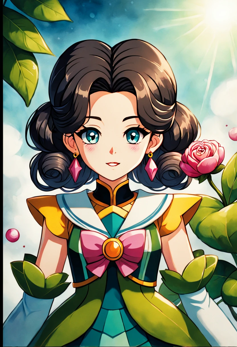 1girl, A young Magical Girl, gracefully casting a spell with her wand, surrounded by enchanting flora and fauna, radiating magical energy. The scene should evoke a sense of wonder and mystery. The style should emulate the intricate brushwork and delicate linework of Katsushika Hokusai, with a focus on capturing the essence of traditional Japanese ukiyo-e art. The medium should be a watercolor painting on canvas, showcasing vibrant colors and fluid brushstrokes. The category is fantasy art, depicting the magical realm. The color palette should consist of pastel hues and ethereal blues, creating a dreamlike atmosphere. The digital graphics should enhance the magical elements, adding subtle glows and sparkles. The resolution should be high, allowing for intricate details to be captured, (masterpiece), (best quality), (ultra-detailed), illustration, disheveled hair, perfect composition, moist skin, intricate details, earrings