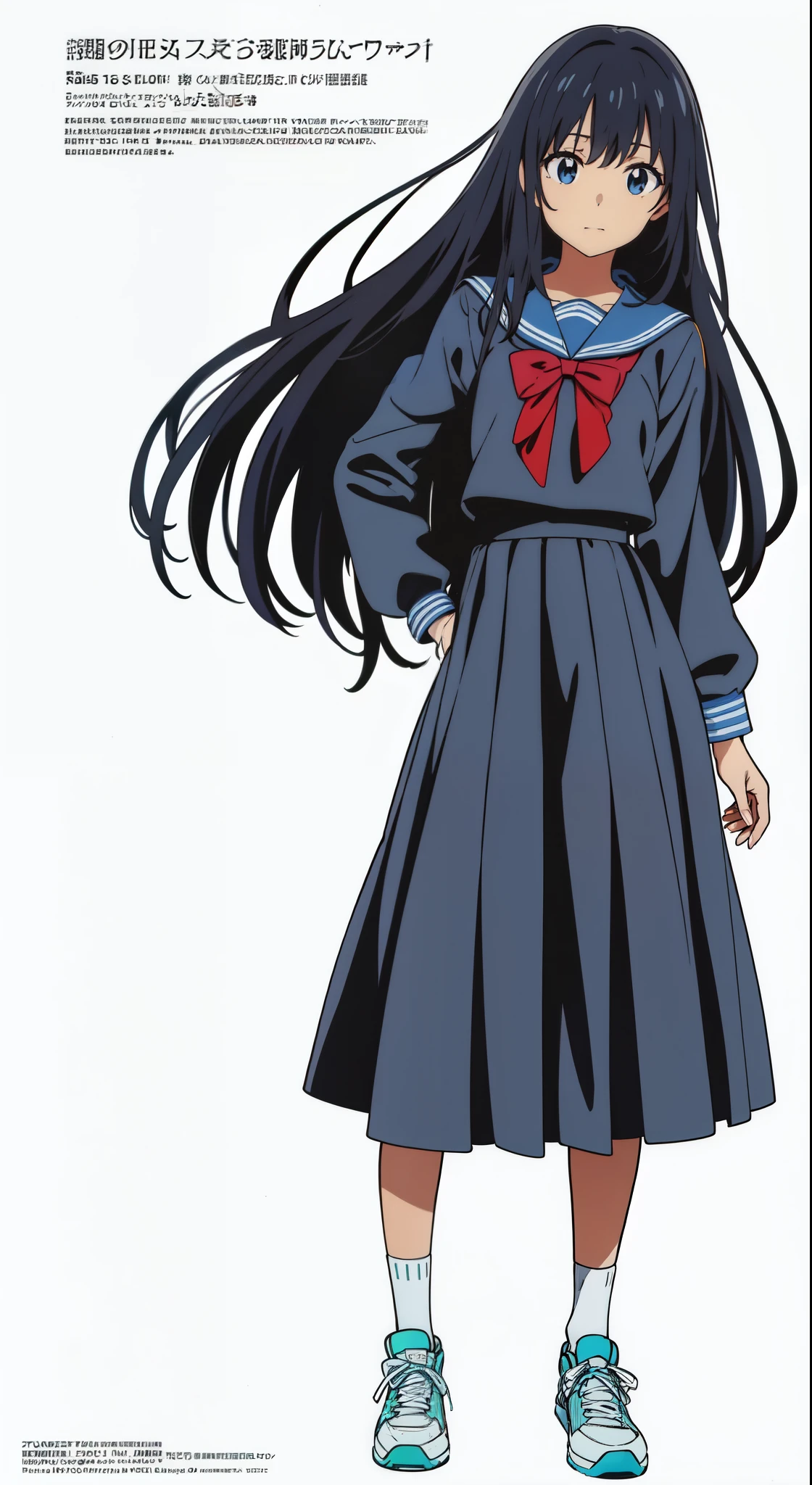 (white background:1.0), (anime:1.0), (official art:1.0), (best quality:1.0), (masterpiece:1.0), (full body:1.0), (solo:1.0), (a 15yo cute girl:1.0), (long skirt:1.0), (dark blue skirt:1.0), (pleated skirt:1.0), (dark blue sailor uniform:1.0), (long sleeve sailor uniform:1.0), (sneakers:1.0), (white socks:1.0), (ideal ratio body proportions:1.0), (lanky:1.0), (tall:1.0), (slender:1.0), (small breasts:1.0), (smaller face:1.0), (tareme:1.0), (detailed beautiful eyes:1.0), (detailed beautiful face:1.0), (glowing black eyes:1.0), (medium hair:1.0), (black hair:1.0)