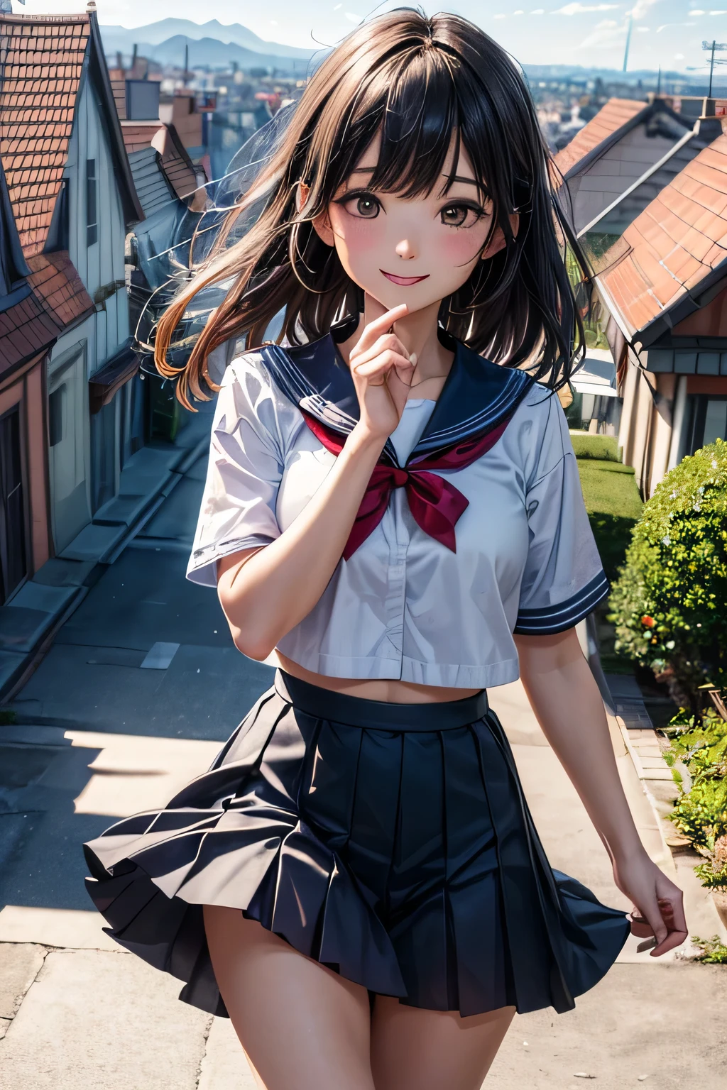 very cute and beautiful girl,(highly detailed beautiful face),serafuku,navy blue pleated kirt lift,white panties),(smile),blush,looking at viewer,black hair,
many european houses with red roof,(town overview:1.2),detailed landscape,
(best quality,masterpiece:1.2),absurdres,highres,ultra-detailed,extremely detailed,32k,8k resolution,
intricate details,cinematic scene,detailed background,solo,dynamic angle,
natural lighting,hair fluttering in the wind,beautiful detailed sky,perfect hands,