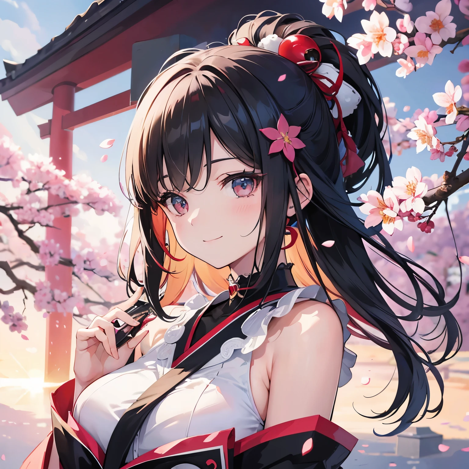 highest quality, ultra high resolution, (realistic:1.4), 1 girl,  black choker, smile,  focus only, looking at the viewer,Fair skin,sunset,cherry blossoms,photon mapping, Physically based rendering, RAW photo, highly detailed background,K-POP idol,Depth of bounds written,torii,cherry blossoms,hair ornaments,detailed face,shiny skin,game CG,whole body, 