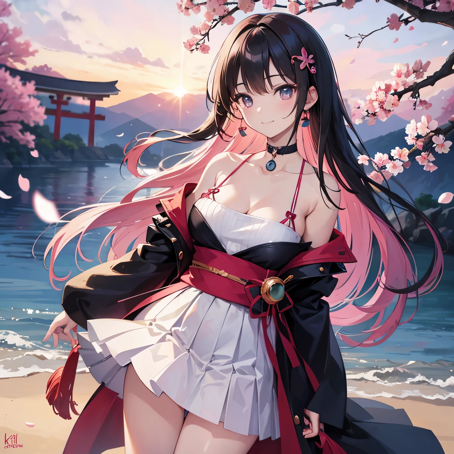 highest quality, ultra high resolution, (realistic:1.4), 1 girl,  black choker, smile,  focus only, looking at the viewer,Fair skin,sunset,cherry blossoms,photon mapping, Physically based rendering, RAW photo, highly detailed background,K-POP idol,Depth of bounds written,torii,cherry blossoms,hair ornaments,detailed face,shiny skin,game CG,whole body, 