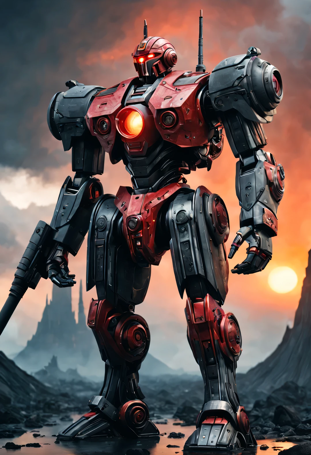 whole body, (A warrior wearing a mecha is named "storm red" Filming from China), (Wearing a zoom telescope on your head), Features dynamic shooting action. Mecha Warrior is about 8 meters tall, 手里拿着巨大的nuclear武器. He has a strong physique, and his whole body is made of dark gray superalloy It is engraved with complex lines and patterns. This mecha has three arms, Each machine is equipped with titanium alloy hard rotating blades, It is artificial muscle tissue that has been carefully designed and manufactured, Have extraordinary strength. Height is about 8 meters，Burly physique. Its entire body is made of dark gray high-temperature alloy, It is engraved with complex lines and patterns. Its feet are equipped with chemical-resistant devices, It has chemical thrusters on the back of its legs,
futuristic future, Ice Age, multidimensional, nuclear, orbiting, space, venous veins, hyper reality hyper reality,
broken metal, cyberpunk, atom punck, volcanic ash, realism, Sunset, movie lighting, Realistic photos, studio photography, human development report, 8k, personification, portrait, epic lighting, Ray tracing, Canon EOS 5D Mark III, 85mm, Volumetric lighting, look up,