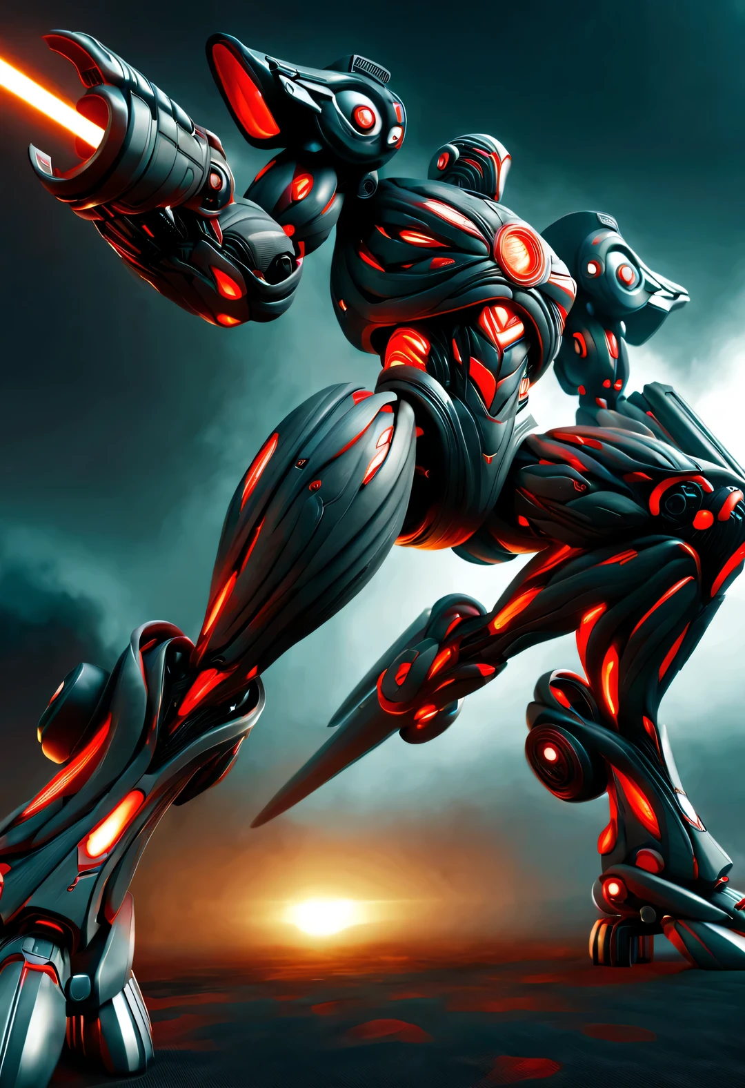 whole body, (A Chinese warrior wearing a mecha "storm red" shooting), (Wearing a zoom telescope on your head), (dynamic jumping shooting movements), Mecha Warrior is about 8 meters tall, Holding a huge nuclear-powered weapon in his hand, and has a burly physique. His entire body is made of dark gray super alloy, Engraved with intricate lines and patterns. This mecha has three arms, Each machine is equipped with titanium alloy hard rotating blades, It is artificial muscle tissue that has been carefully designed and manufactured, Have extraordinary strength. It is about 8 meters tall and has a burly physique. Its entire body is made of dark gray high-temperature alloy, 上面Engraved with intricate lines and patterns. Its feet are equipped with chemical-resistant devices, It has chemical thrusters on the back of its legs,
futuristic future, Ice Age, multidimensional, nuclear power, track track, space, venous veins, hyper reality hyper reality, glow (radioactive luminophore, Nuclear Waste glow),
broken metal, cyberpunk, atom punck, volcanic ash, realism, Sunset, movie lighting, Realistic photos, studio photography, human development report, 8k, personification, portrait, epic lighting, Ray tracing, Canon EOS 5D Mark III, 85mm, Volumetric lighting, (look up),