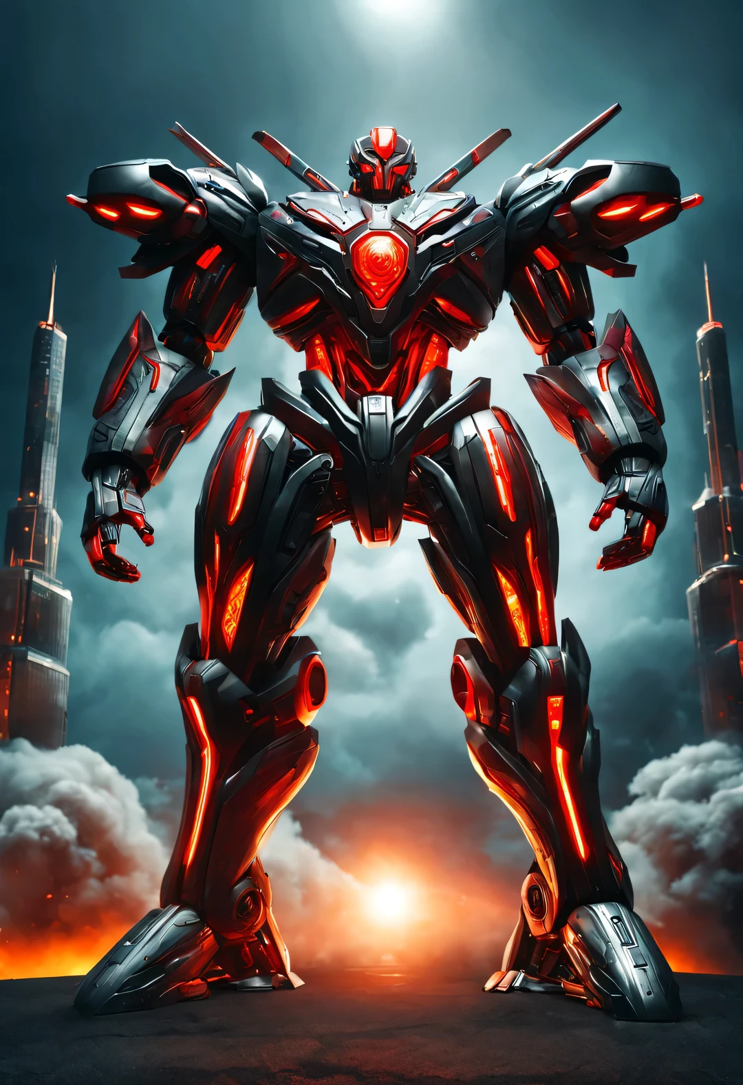 whole body, (A warrior wearing a mecha is named "storm red" Filming from China), (Wearing a zoom telescope on your head), Features dynamic shooting action. Mecha Warrior is about 8 meters tall, 手里拿着巨大的nuclear武器. He has a strong physique, and his whole body is made of dark gray superalloy It is engraved with complex lines and patterns. This mecha has three arms, Each machine is equipped with titanium alloy hard rotating blades, It is artificial muscle tissue that has been carefully designed and manufactured, Have extraordinary strength. Height is about 8 meters,Burly physique. Its entire body is made of dark gray high-temperature alloy, It is engraved with complex lines and patterns. Its feet are equipped with chemical-resistant devices, It has chemical thrusters on the back of its legs,
futuristic future, Ice Age, multidimensional, nuclear, orbiting, space, venous veins, hyper reality hyper reality,
broken metal, cyberpunk, atom punck, volcanic ash, realism, Sunset, movie lighting, Realistic photos, studio photography, human development report, 8k, personification, portrait, epic lighting, Ray tracing, Canon EOS 5D Mark III, 85mm, Volumetric lighting, (look up),