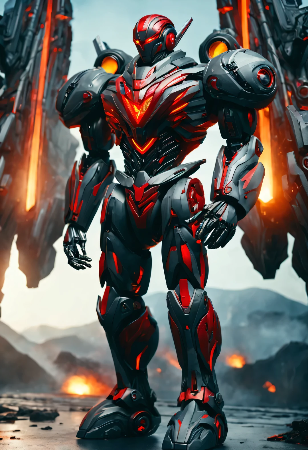 whole body, (A Chinese warrior wearing a mecha "storm red" shooting), (Wearing a zoom telescope on your head), (dynamic jumping shooting movements), Mecha Warrior is about 8 meters tall, Holding a huge nuclear-powered weapon in his hand, and has a burly physique. His entire body is made of dark gray super alloy, Engraved with intricate lines and patterns. This mecha has three arms, Each machine is equipped with titanium alloy hard rotating blades, It is artificial muscle tissue that has been carefully designed and manufactured, Have extraordinary strength. It is about 8 meters tall and has a burly physique. Its entire body is made of dark gray high-temperature alloy, 上面Engraved with intricate lines and patterns. Its feet are equipped with chemical-resistant devices, It has chemical thrusters on the back of its legs,
futuristic future, Ice Age, multidimensional, nuclear power, track track, space, venous veins, hyper reality hyper reality, glow (radioactive luminophore, Nuclear Waste glow),
broken metal, cyberpunk, atom punck, volcanic ash, realism, Sunset, movie lighting, Realistic photos, studio photography, human development report, 8k, personification, portrait, epic lighting, Ray tracing, Canon EOS 5D Mark III, 85mm, Volumetric lighting, (look up),