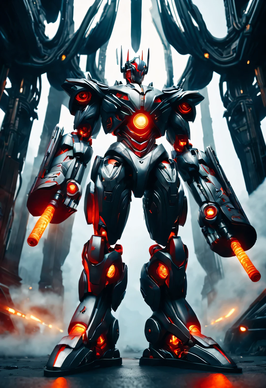 whole body, (A Chinese warrior wearing a mecha "storm red" shooting), (Wearing a zoom telescope on your head), (dynamic jumping shooting movements), Mecha Warrior is about 8 meters tall, Holding a huge nuclear-powered weapon in his hand, and has a burly physique. His entire body is made of dark gray super alloy, Engraved with intricate lines and patterns. This mecha has three arms, Each machine is equipped with titanium alloy hard rotating blades, It is artificial muscle tissue that has been carefully designed and manufactured, Have extraordinary strength. It is about 8 meters tall and has a burly physique. Its entire body is made of dark gray high-temperature alloy, 上面Engraved with intricate lines and patterns. Its feet are equipped with chemical-resistant devices, It has chemical thrusters on the back of its legs,
futuristic future, Ice Age, multidimensional, nuclear power, track track, space, venous veins, hyper reality hyper reality, glow (radioactive luminophore, Nuclear Waste glow),
broken metal, cyberpunk, atom punck, volcanic ash, realism, Sunset, movie lighting, Realistic photos, studio photography, human development report, 8k, personification, portrait, epic lighting, Ray tracing, Canon EOS 5D Mark III, 85mm, Volumetric lighting, (look up),
