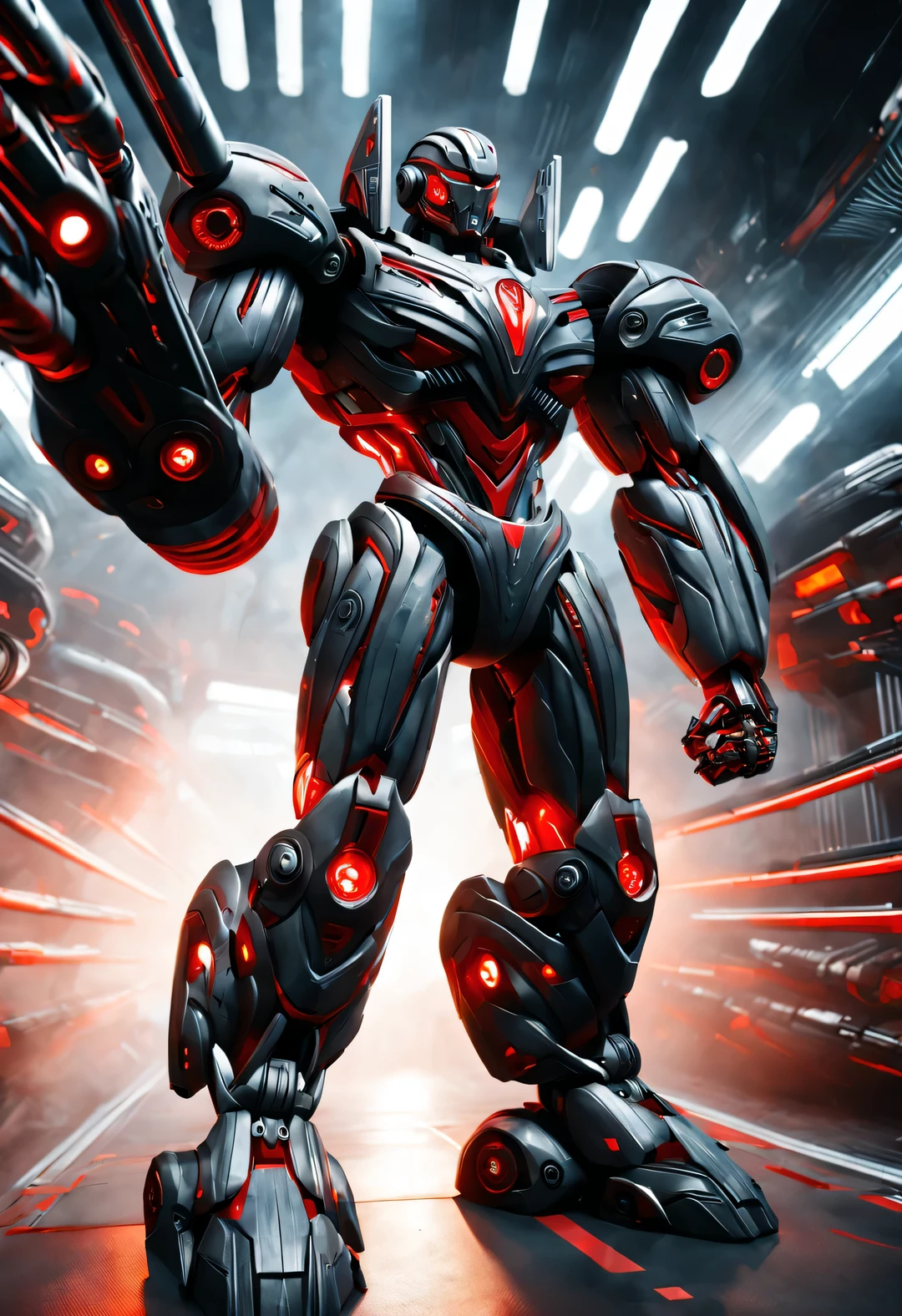 whole body, (A Chinese warrior wearing a mecha "storm red" shooting), (Wearing a zoom telescope on your head), (dynamic jumping shooting movements), Mecha Warrior is about 8 meters tall, Holding a huge nuclear-powered weapon in his hand, and has a burly physique. His entire body is made of dark gray super alloy, Engraved with intricate lines and patterns. This mecha has three arms, Each machine is equipped with titanium alloy hard rotating blades, It is artificial muscle tissue that has been carefully designed and manufactured, Have extraordinary strength. It is about 8 meters tall and has a burly physique. Its entire body is made of dark gray high-temperature alloy, 上面Engraved with intricate lines and patterns. Its feet are equipped with chemical-resistant devices, It has chemical thrusters on the back of its legs,
futuristic future, Ice Age, multidimensional, nuclear power, track track, space, venous veins, hyper reality hyper reality, glow (radioactive luminophore, Nuclear Waste glow),
broken metal, cyberpunk, atom punck, volcanic ash, realism, Sunset, movie lighting, Realistic photos, studio photography, human development report, 8k, personification, portrait, epic lighting, Ray tracing, Canon EOS 5D Mark III, 85mm, Volumetric lighting, (look up),