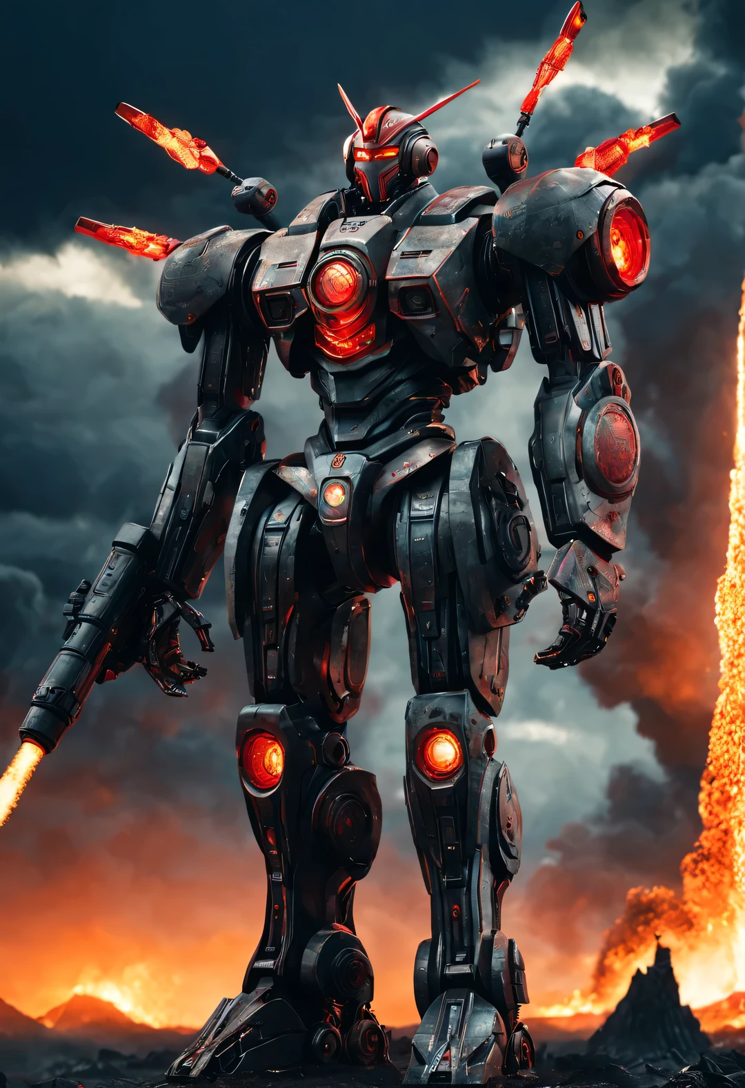 whole body, (A Chinese warrior wearing a mecha "storm red" shooting), (Wearing a zoom telescope on your head), (dynamic jumping shooting movements), Mecha Warrior is about 8 meters tall, Holding a huge nuclear-powered weapon in his hand, and has a burly physique. His entire body is made of dark gray super alloy, Engraved with intricate lines and patterns. This mecha has three arms, Each machine is equipped with titanium alloy hard rotating blades, It is artificial muscle tissue that has been carefully designed and manufactured, Have extraordinary strength. It is about 8 meters tall and has a burly physique. Its entire body is made of dark gray high-temperature alloy, 上面Engraved with intricate lines and patterns. Its feet are equipped with chemical-resistant devices, It has chemical thrusters on the back of its legs,
futuristic future, Ice Age, multidimensional, nuclear power, track track, space, venous veins, hyper reality hyper reality, glow (radioactive luminophore, Nuclear Waste glow),
broken metal, cyberpunk, atom punck, volcanic ash, realism, Sunset, movie lighting, Realistic photos, studio photography, human development report, 8k, personification, portrait, epic lighting, Ray tracing, Canon EOS 5D Mark III, 85mm, Volumetric lighting, (look up),