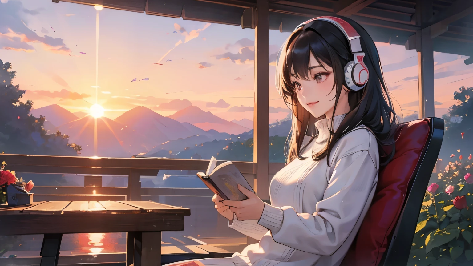 ((masterpiece)),(((bestquality))),((ultra-detailed)) realisticlying, 1 girl, korean woman, Beautiful, sit on the chair, wearing a sweater, Beautiful sunrice, solo, using headphones, The sky turns red at morning, Face smile, looking away, fowers, white rose, read a book, at Garden, outdoor.