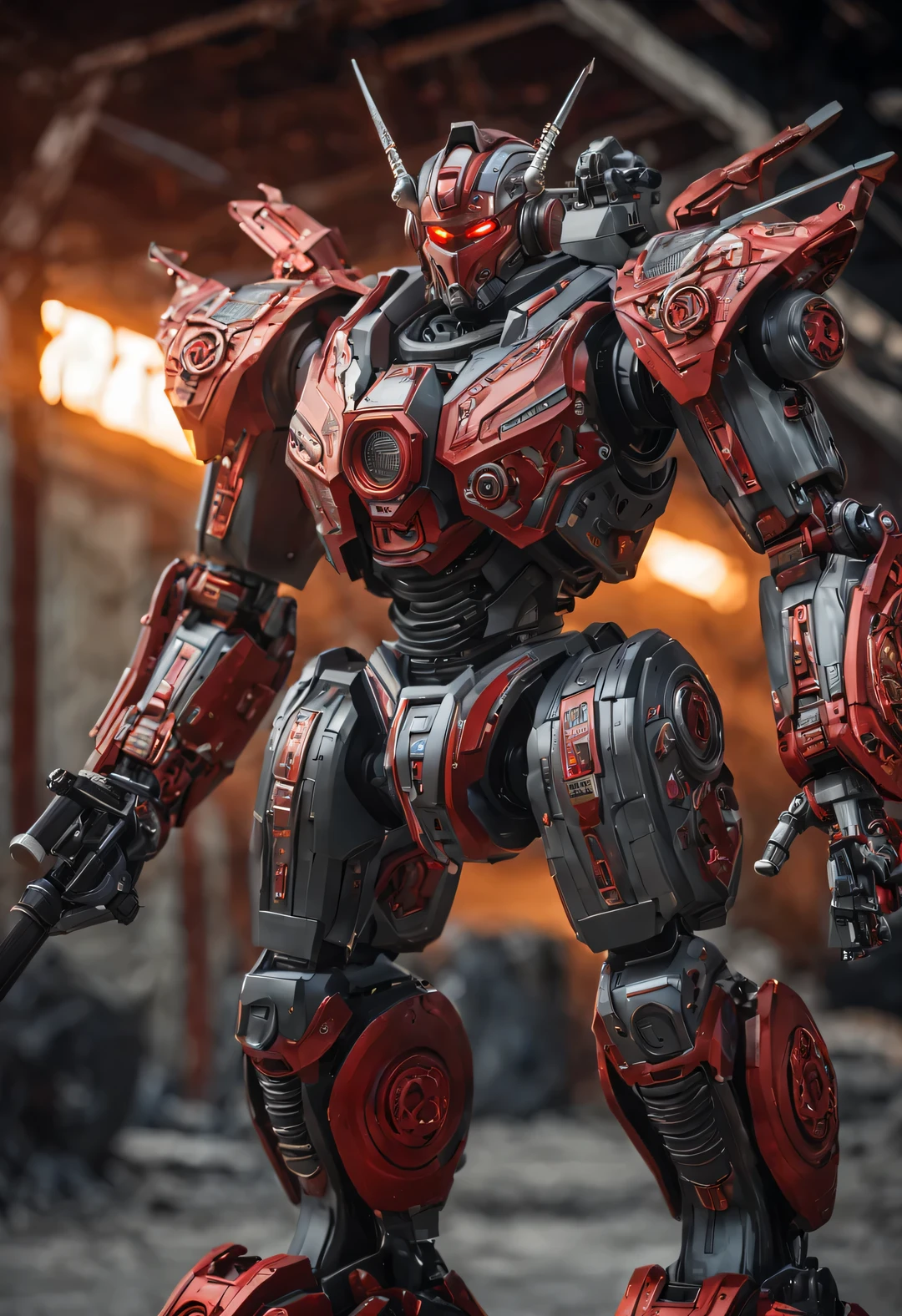 whole body, (A Chinese warrior wearing a mecha "storm red" shooting), (Wearing a zoom telescope on your head), Mecha Warrior is about 8 meters tall, 手里拿着巨大的nuclear武器. He was burly, and his whole body is made of dark gray superalloy It is engraved with complex lines and patterns. This mecha has three arms, Each machine is equipped with titanium alloy hard rotating blades, It is artificial muscle tissue that has been carefully designed and manufactured, Have extraordinary strength. Height is about 8 meters,Burly physique. Its entire body is made of dark gray high-temperature alloy, It is engraved with complex lines and patterns. Its feet are equipped with chemical-resistant devices, It has chemical thrusters on the back of its legs,
futuristic future, Ice Age, multidimensional, nuclear, orbiting, space, venous veins, hyper reality hyper reality,
broken metal, cyberpunk, atom punck, volcanic ash, realism, Sunset, movie lighting, Realistic photos, studio photography, human development report, 8k, personification, portrait, epic lighting, Ray tracing, Canon EOS 5D Mark III, 85mm, Volumetric lighting, look up,
look up仰视,