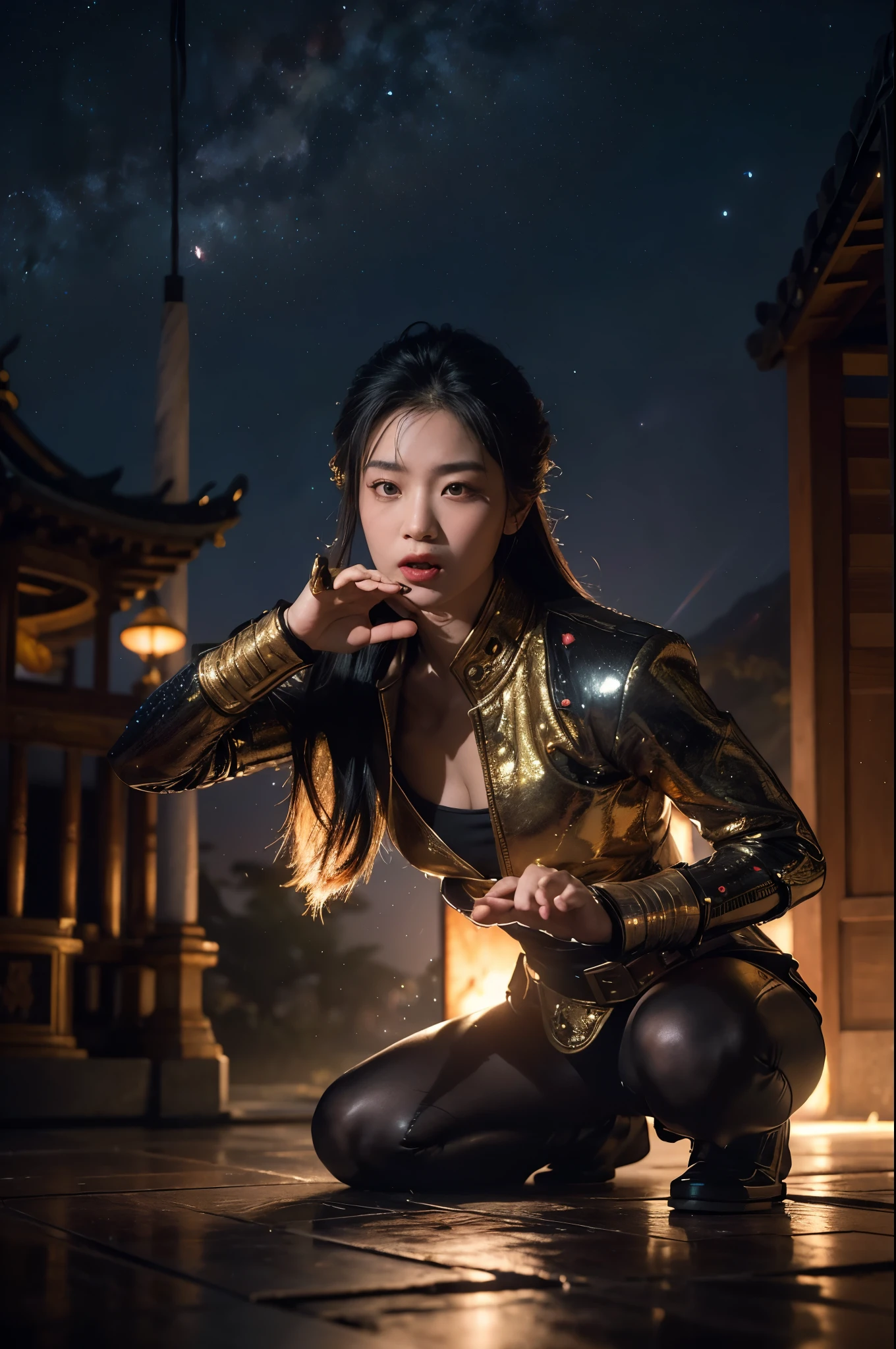 (Highest picture quality), (ultra-detailed), (sharp focus), (close-up), (depth of field:1.3), RAW, realistic, (colorful, vivid colors:1.1), (masterpiece), (best quality), photorealistic, absurdres, (highres), BREAK, ((1boy)), (a chinese man), solo, looking at viewer, 18 years old, (detailed skin, detailed face, detailed intricate iris, nice hands, perfect hands:1.3), (intricate details), (maximum details), (delicate), (hand of Guido Daniele:1.4), BREAK, (beautiful detailed glow:1.2), (cinematic lighting), (rim lighting:1.4), (two tone lighting:1.3), (reflection, refraction:1.2), (Rembrandt lighting:1.4), (Rule of thirds:1.3), (light play, shadow play:1.3), (glamour photography, cinematic, film grai, anime aesthetic), (diffused lighting, bokeh, lens flare, light particles:1.3), (dynamic lighting), ray tracing, volumetric lighting, (dramatic lighting), (explosive light and shadow:1.4), (Dynamic Pose, Dynamic Angle:1.2), (moody lighting), BREAK, twgod, Taiwanese hell police, pauldrons, helmet, holding handcuffs, holding timtoken, timtoken, (holding polearm:1.4), temple, chinese style architecture, (combat pose, angry face, fighting pose, aggressive stance, fangs, roaring, sharp eyes, open mouth:1.3), (soft light passing through hair, light patterns on skin:1.2), (huge muscles, very muscular, thick upper arms:1.1), (stars, milky way, night, starry:1.4), (reflective, shiny:1.2), (building), (ornate Taiwanese temple paifang, taiwanese_temple), (jiufen taiwan:1.3), scenery, (from below:1.3), outdoors, full body, BREAK, (Makeup:1.3), (human anatomy, golden ratio:1.1), BREAK,