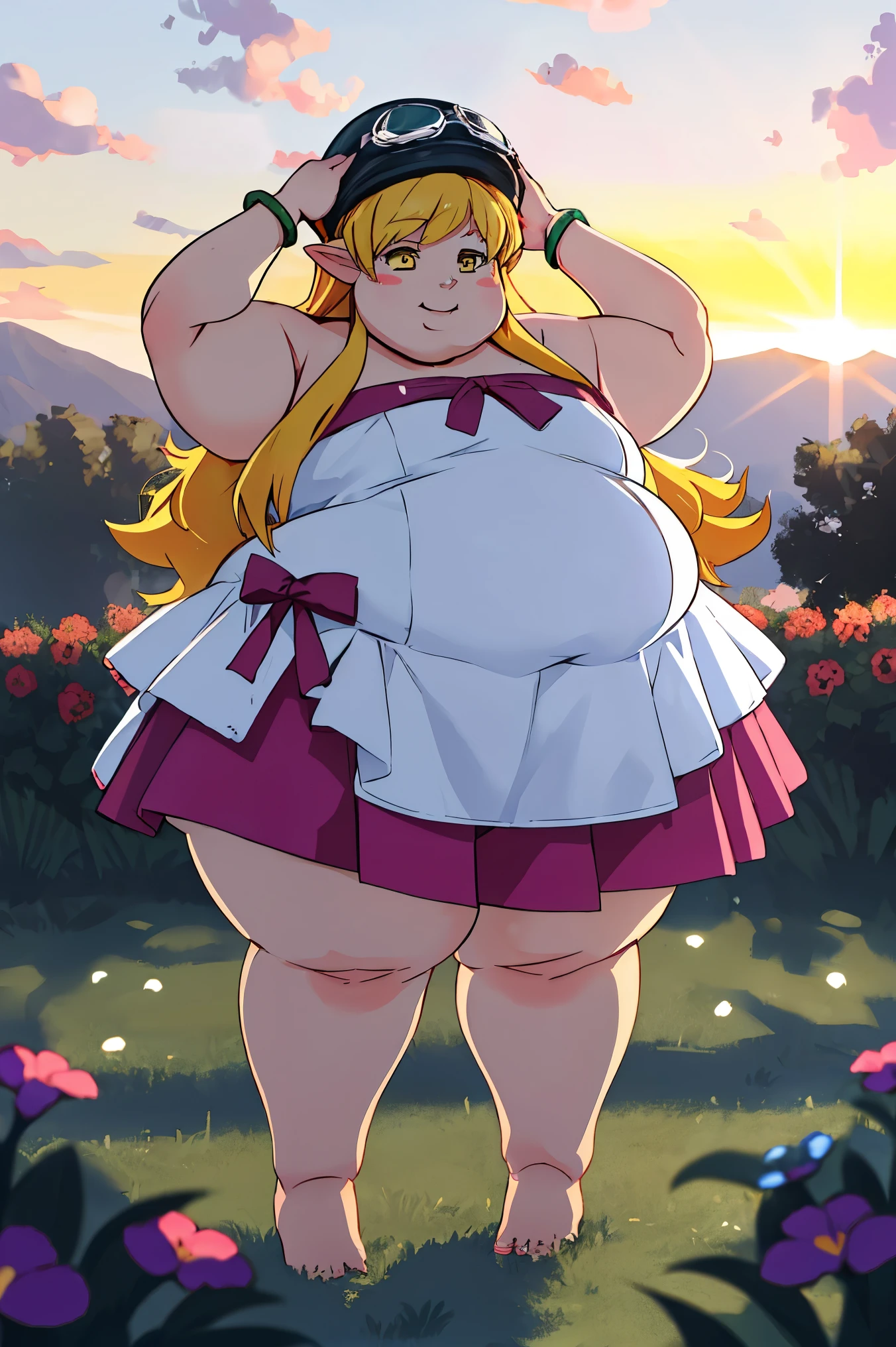 obese 1girl, solo, obese female, obese (oshino_shinobu),(blonde) (blonde_hair), (yellow_hair), ((long_hair)), ((bangs)), (yellow_eyes), blush, pointy_ears, (blush_stickers), flat_chest, obese , fat arms, fat belly, fat butt, thick thighs
white_dress, bow, bracelet, pose, barefoot, full_body, ((helmet)), ((googles)), hands_on_own_head, arms open, holding, smile,
global illumination, hdri, subsurface scattering, masterpiece, 4k, raytrace, beautiful, sharp, smooth skin, bloom, anime realistic, 4K, masterpiece
sunset, nature, mountains, clouds, grass, flowers, fireflies