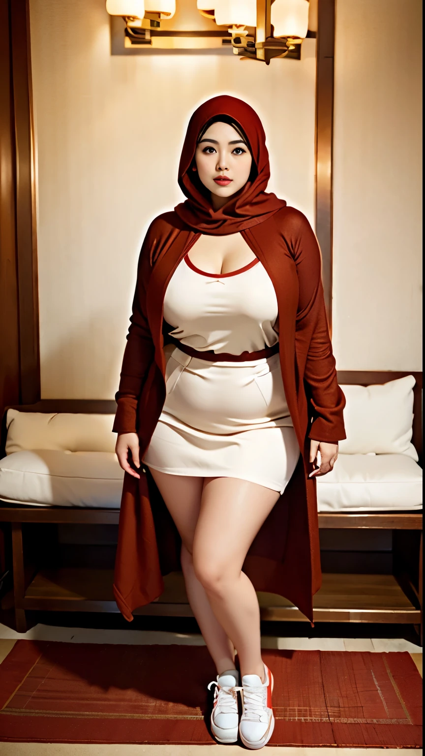 there is a woman random poses with a longest brown and red hijab, bbwchan, thicc, brown hijab outfit, brown hijab fashion model, korean girl, korean woman, wearing brown robe, full length shot, alluring plus sized model, japanese goddess, clothed in hooded, voluptuous and arousing, portrait shot, curvy model, voluptuous body, wonderful, nene tanaka body , bbwchan, The overall atmosphere is smooth , haunting illustrations, extremely high-resolution details, photographic, realism pushed to extreme, fine texture, 4k, ultra-detailed, high quality, high contrast, red Color sneakers, naked, open leg, cum ,cream pie at the vagina