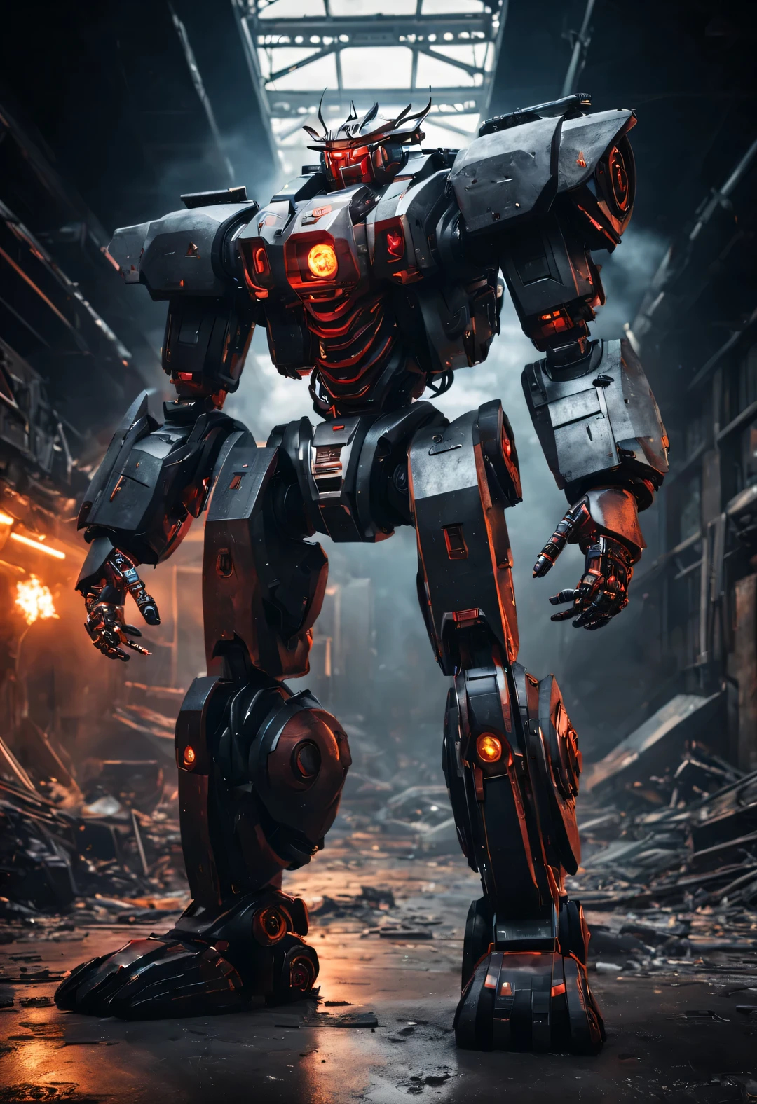 whole body, A warrior wearing a mecha is named "storm red" from china, Wearing a zoom telescope on your head,
This mecha has three arms, Each machine is equipped with titanium alloy hard rotating blades, Both hands hold huge weapons. It is a carefully designed and manufactured artificial muscle tissue with extraordinary strength. It is about 8 meters high,sturdy, The body is made of dark gray high temperature alloy, Engraved with intricate lines and patterns. Its feet are equipped with chemical-resistant devices, It has chemical thrusters on the back of its legs,
futuristic future, Ice Age, multidimensional, nuclear, orbiting, space, venous veins, hyper reality hyper reality,
broken metal, cyberpunk, atom punck, volcanic ash, realism, Sunset, movie lighting, Realistic photos, studio photography, human development report, 8k, personification, portrait, epic lighting, surrealism, Ray tracing, Canon EOS 5D Mark III, 85mm, Volumetric lighting, look up,