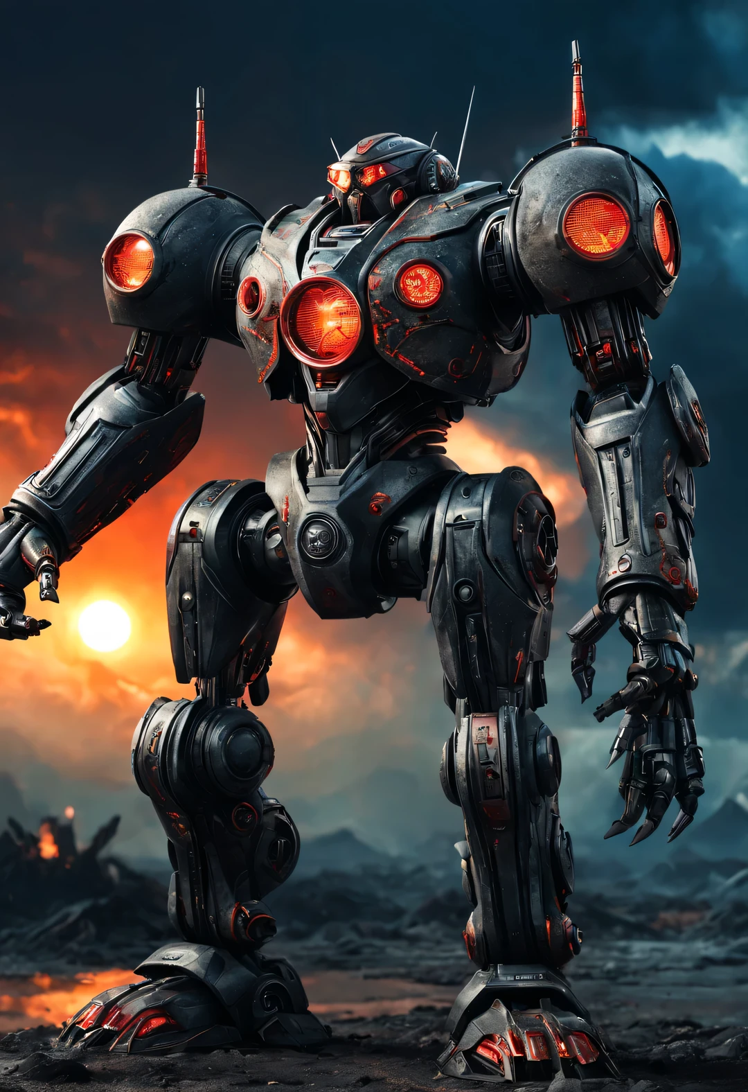 whole body, A warrior wearing a mecha is named "storm red" from china, Wearing a zoom telescope on your head,
This mecha has three arms, Each machine is equipped with titanium alloy hard rotating blades, Both hands hold huge weapons. It is a carefully designed and manufactured artificial muscle tissue with extraordinary strength. It is about 8 meters high,sturdy, The body is made of dark gray high temperature alloy, Engraved with intricate lines and patterns. Its feet are equipped with chemical-resistant devices, It has chemical thrusters on the back of its legs,
futuristic future, Ice Age, multidimensional, nuclear, orbiting, space, venous veins, hyper reality hyper reality,
broken metal, cyberpunk, atom punck, volcanic ash, realism, Sunset, movie lighting, Realistic photos, studio photography, human development report, 8k, personification, portrait, epic lighting, surrealism, Ray tracing, Canon EOS 5D Mark III, 85mm, Volumetric lighting, look up,