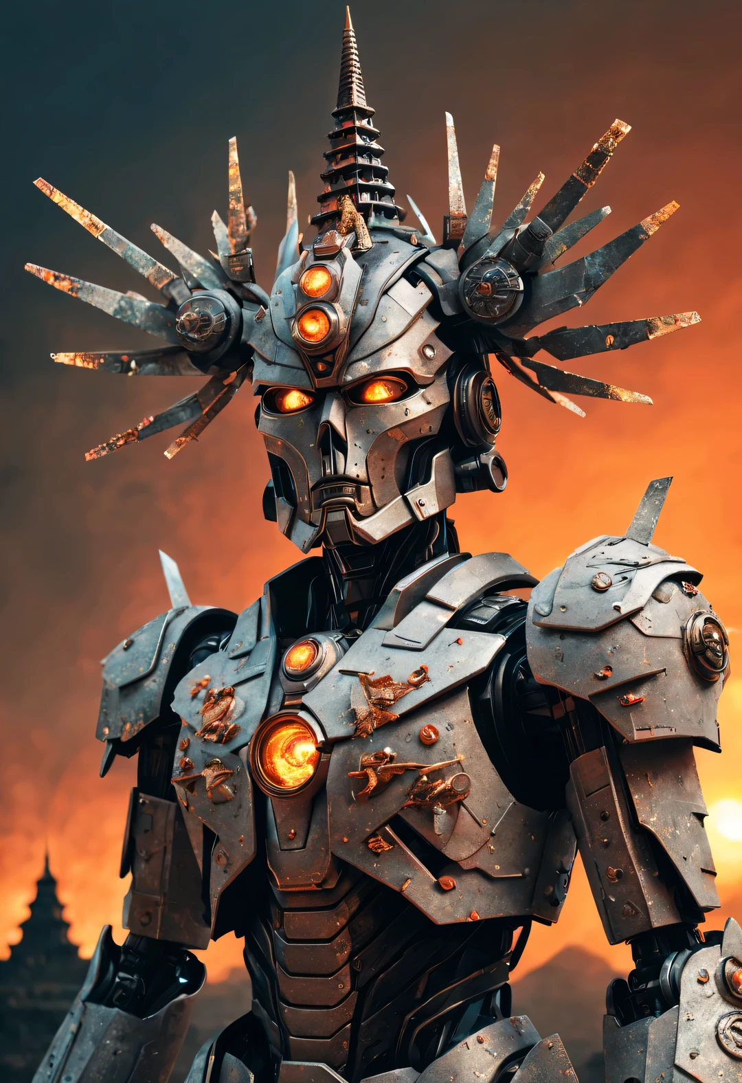 whole body, Cyber warrior wearing mecha (There is a pagoda on the head), 他的whole body,
Gediminas Plankevicius shredded paper, Metal fragments, cyberpunk, atom punck, volcanic ash, realism, Sunset, movie lighting, Realistic photos, studio photography, human development report, 8k, theater lighting, personification, portrait, epic lighting, surrealism, facial lighting, Ray tracing, Canon EOS 5D Mark III, 85mm, Volumetric lighting, look up,