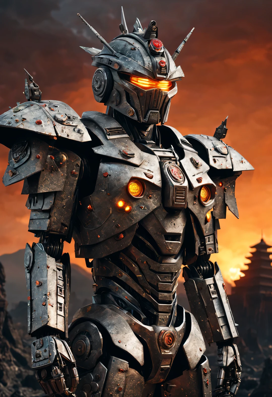 whole body, Cyber warrior wearing mecha (There is a pagoda on the head), 他的whole body,
Gediminas Plankevicius shredded paper, Metal fragments, cyberpunk, atom punck, volcanic ash, realism, Sunset, movie lighting, Realistic photos, studio photography, human development report, 8k, theater lighting, personification, portrait, epic lighting, surrealism, facial lighting, Ray tracing, Canon EOS 5D Mark III, 85mm, Volumetric lighting, look up,