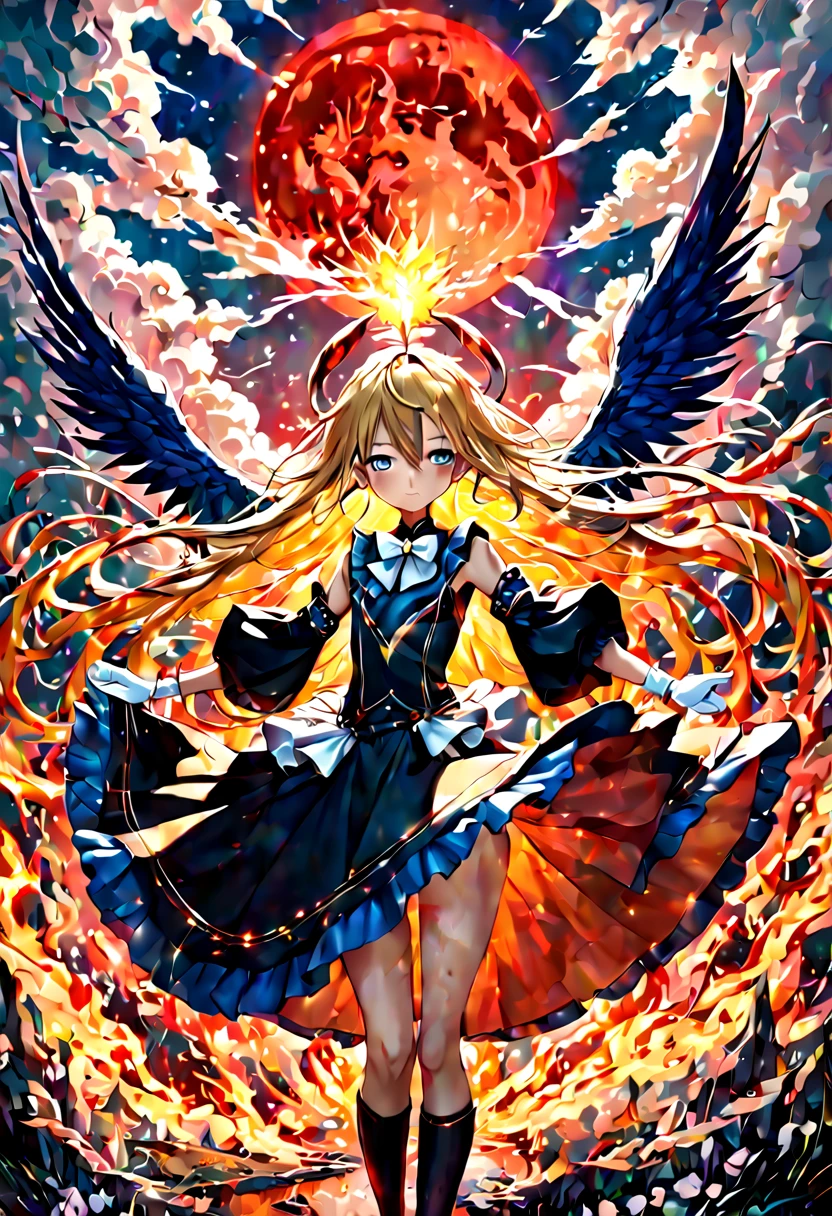 1girl, (((masterpiece))),best quality, illustration,beautiful detailed glow,(beautiful detailed eyes), (dark magician girl:1.1),big forehead,flower,large top sleeves,Floating ashes, Beautiful and detailed explosion, red moon, fire,Fire cloud, Wings on fire, a cloudy sky, smoke of gunpowder, burning, black dress, (beautiful detailed eyes),expressionless,beautiful detailed white gloves, Dove of peace, (floating cloud:1.2),azure hair,disheveled hair,long bangs, hairs between eyes, black knee-highs, black ribbon,white bowties,midriff,(((half closed eyes))), detailed matte painting, deep color, fantastical, intricate detail, splash screen, complementary colors, fantasy concept art, 8k resolution trending on Artstation Unreal Engine 5, (masterpiece), (best quality), (ultra-detailed), illustration, disheveled hair, perfect composition, moist skin, intricate details, earrings