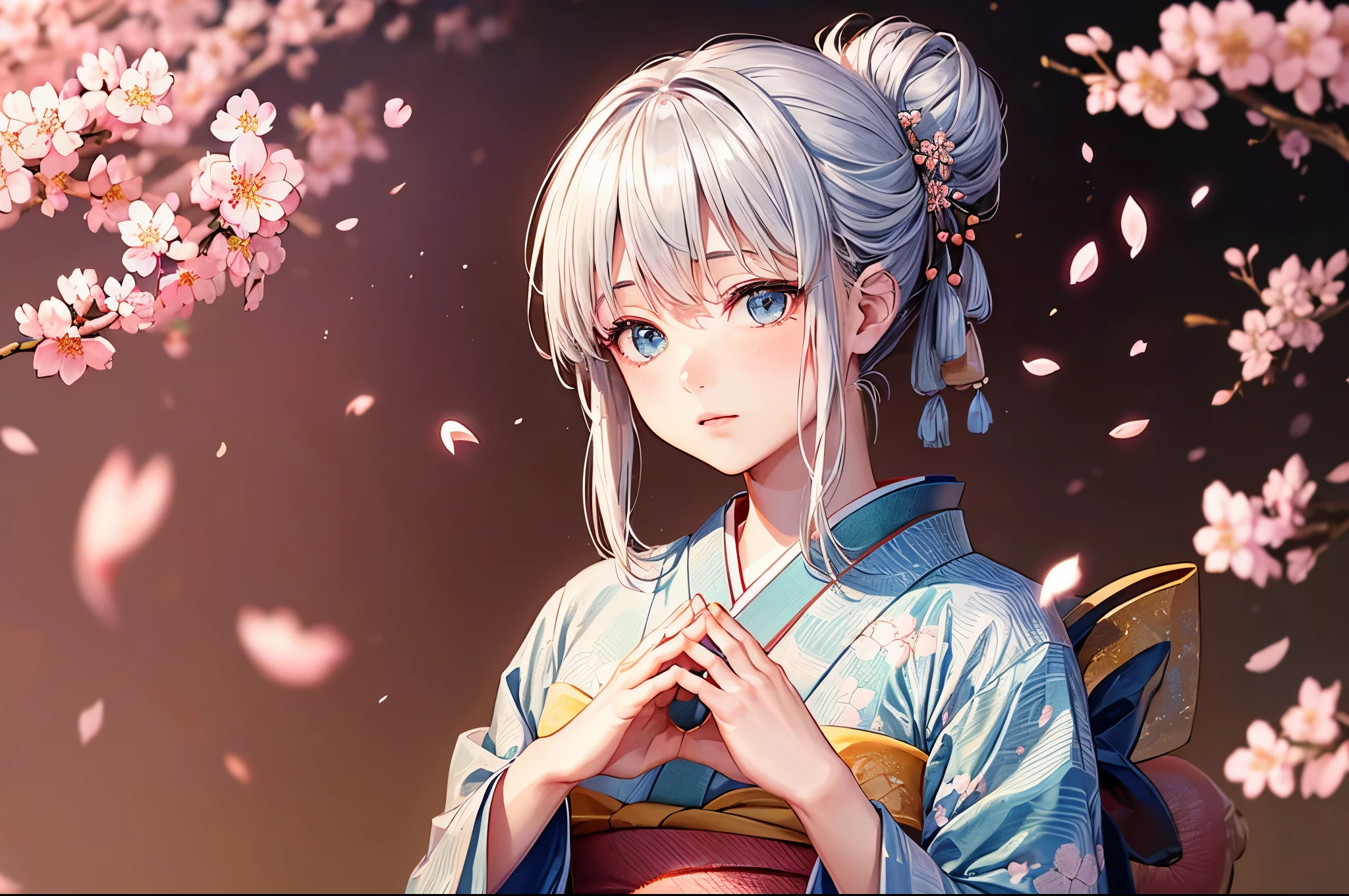 ((worst quality, low quality)), ((girl)), solo, (Close-up:1.3), (face focus:1.4), ((half updo, silver hair)), clear eyes and plump, plump lips, beautiful light blue eyes):1.2), spoken word heart, fold your hands in front of your chest and pray, (perfect hands:1.3), (traditional Japanese clothing:1.2), (Wearing a kimono with a dragon pattern, Delicate and detailed embroidery:1.3), embarrassing, Standing ceremony, Looking at Viewer, head tilt, (SakuraFubuki, Scattered cherry blossom petals:1.5), (light particles, shine of light:1.4), (( Sakura tree background)), high angle shot, muste piece, best quality, Super detailed,