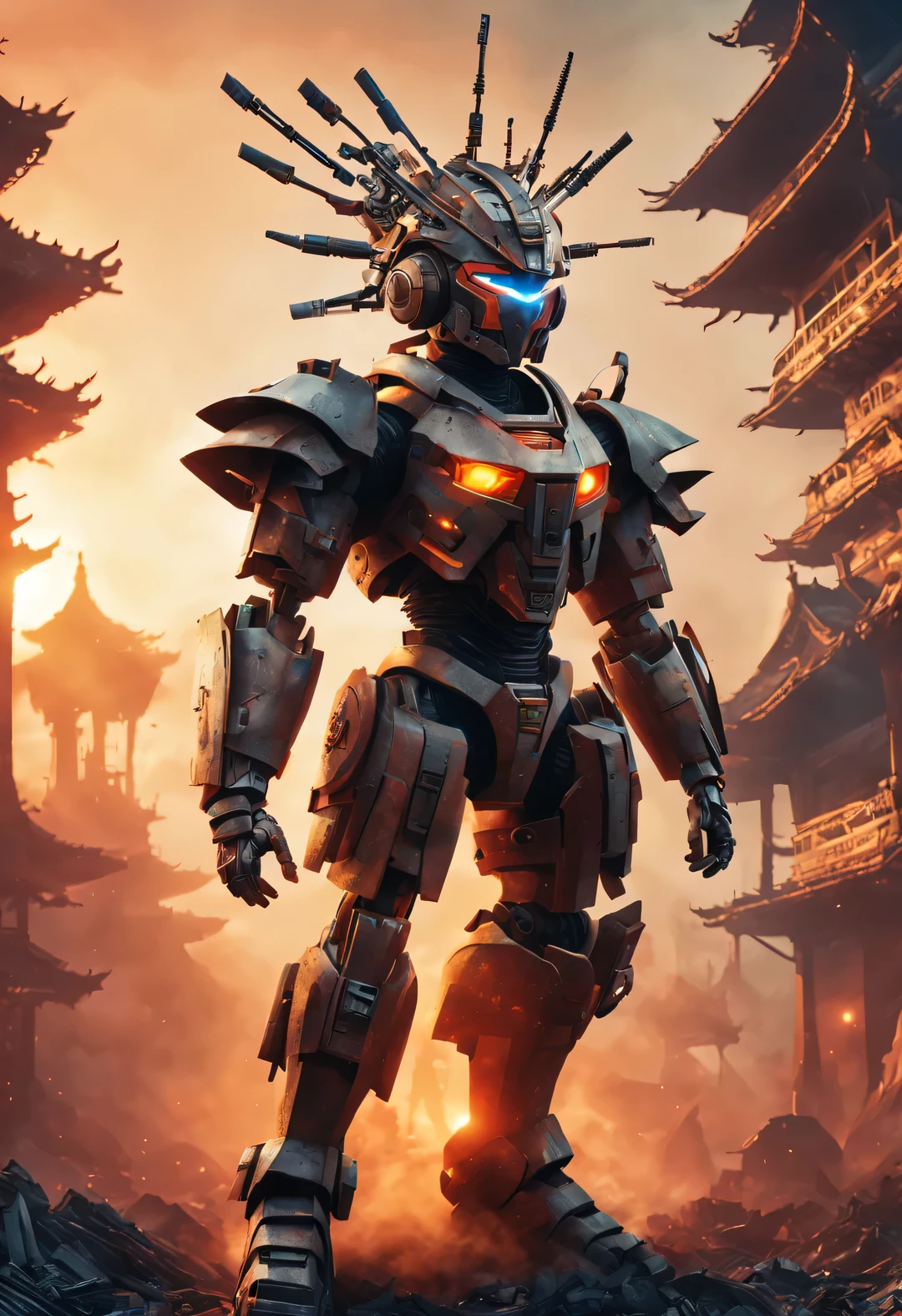 Cyber warrior wearing mecha (There is a pagoda on the head), his whole body,
Gediminas Plankevicius shredded paper, Metal fragments, cyberpunk, atom punck, volcanic ash, realism, Sunset, movie lighting, Realistic photos, studio photography, human development report, 8k, theater lighting, personification, portrait, epic lighting, surrealism, facial lighting, Ray tracing, Canon EOS 5D Mark III, 85mm, Volumetric lighting, look up,