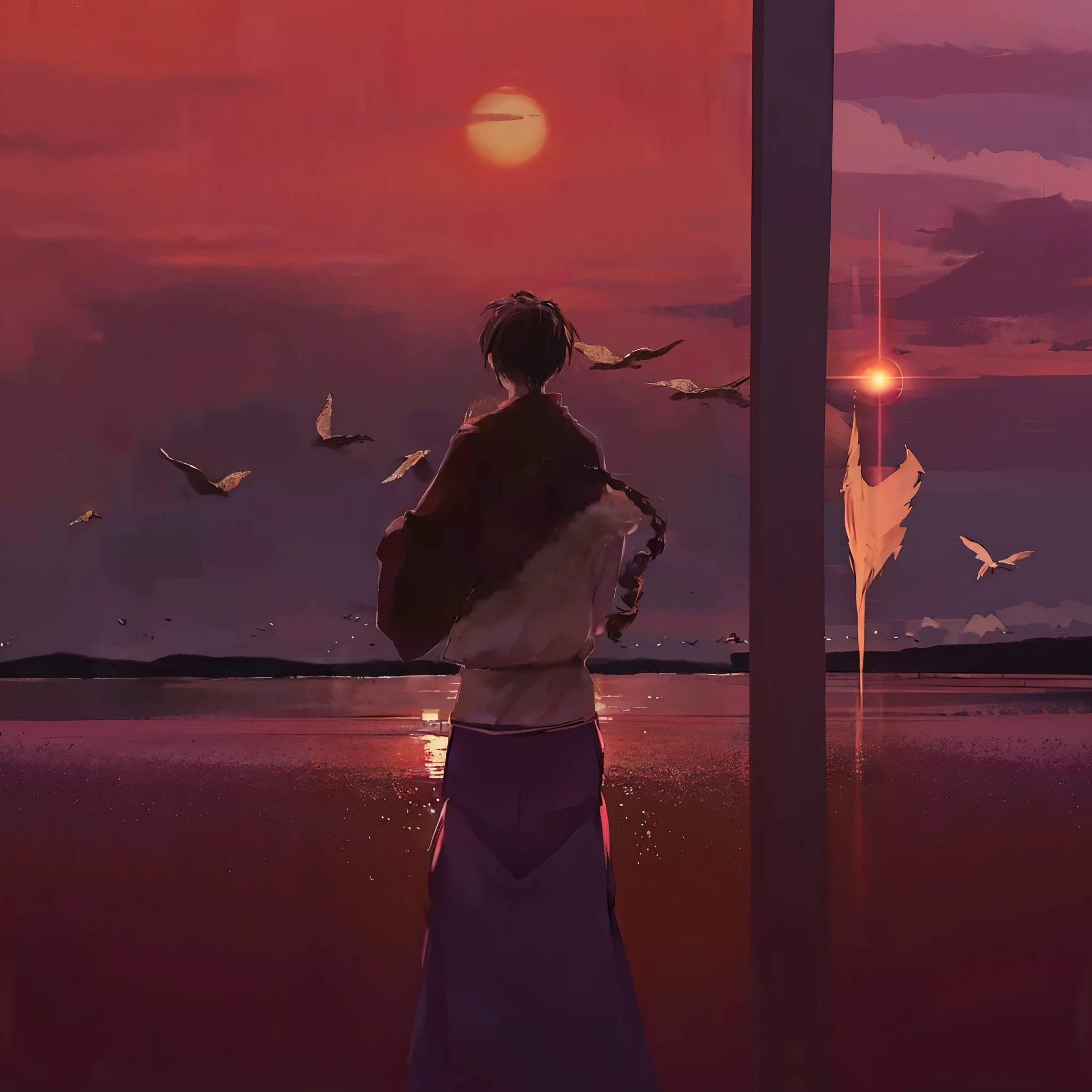 Japanese cartoons girl looking at birds flying in the sky at sunset, author：Yang Jie, Watching the sun set. Japanese cartoons, With the sunset, by Zou Zhe, with sunset, guweiz, in the sunset, by Zou Yigui, author：Li Song, under the beautiful sunset, watching the sunset, Lofi art style, by Ye Xin, at sunset