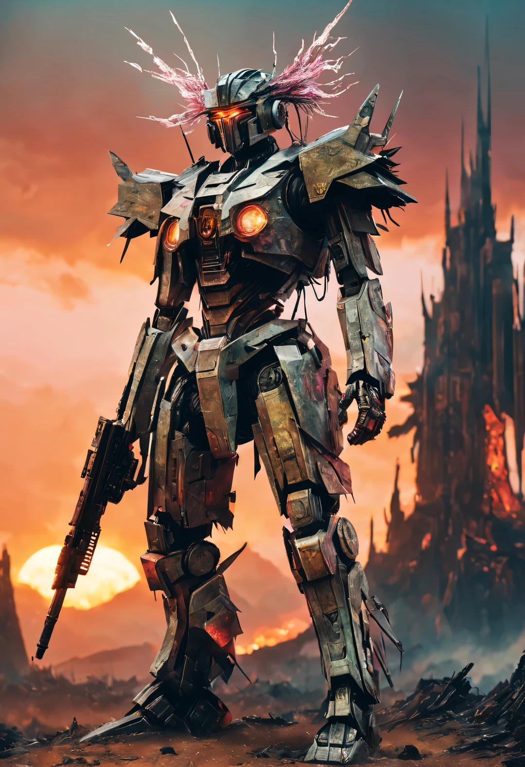 whole body, Cyber warrior wearing mecha, A pagoda on the head, Kahn Griffiths, Shredded paper, Metal fragments, cyberpunk, atom punck, samurai punk, volcanic ash, realism, Sunset, Cinema lighting, and realistic photography,real photos,studio photography,human development report,8k,illumination,戏剧illumination,personification,portrait,史诗illumination,Surreal,human development report、8k,面部illumination,Ray tracing
