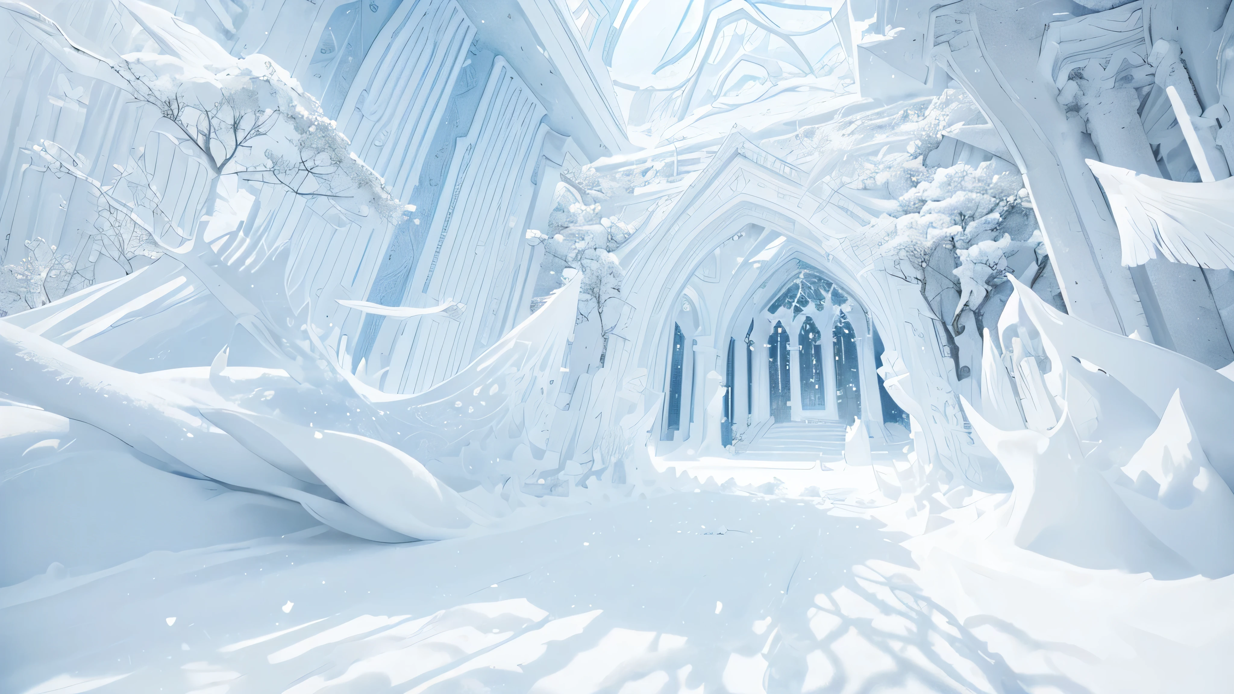 (Light blue-white tones，Shocking and magnificent uninhabited landscape，Silent Snow City World)，quiet，healing feeling，((Falling white feathers))，snowflake crystal structure，(best quality，masterpiece，Extremely complex and exquisite details)，scenography