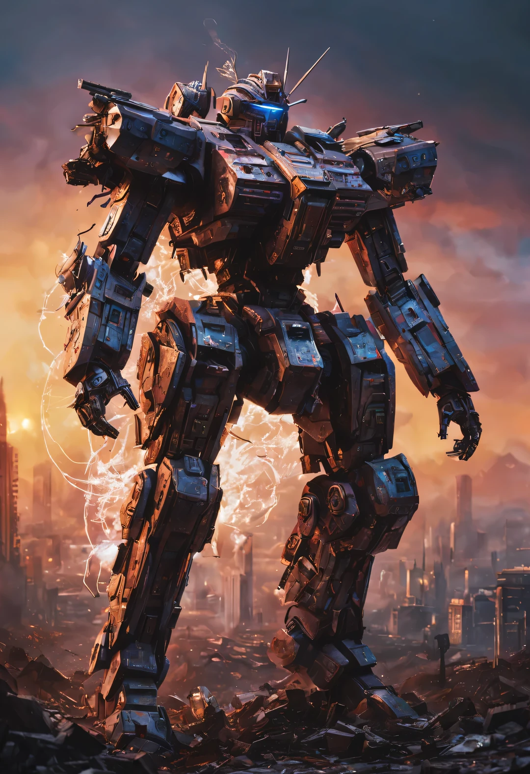 whole body, Cyber warrior wearing mecha, A pagoda on the head, Kahn Griffiths, Shredded paper, Metal fragments, cyberpunk, atom punck, samurai punk, volcanic ash, realism, Sunset, Cinema lighting, and realistic photography,real photos，studio photography，human development report，8k，illumination，戏剧illumination，personification，portrait，史诗illumination，Surreal，human development report、8k，面部illumination，Ray tracing