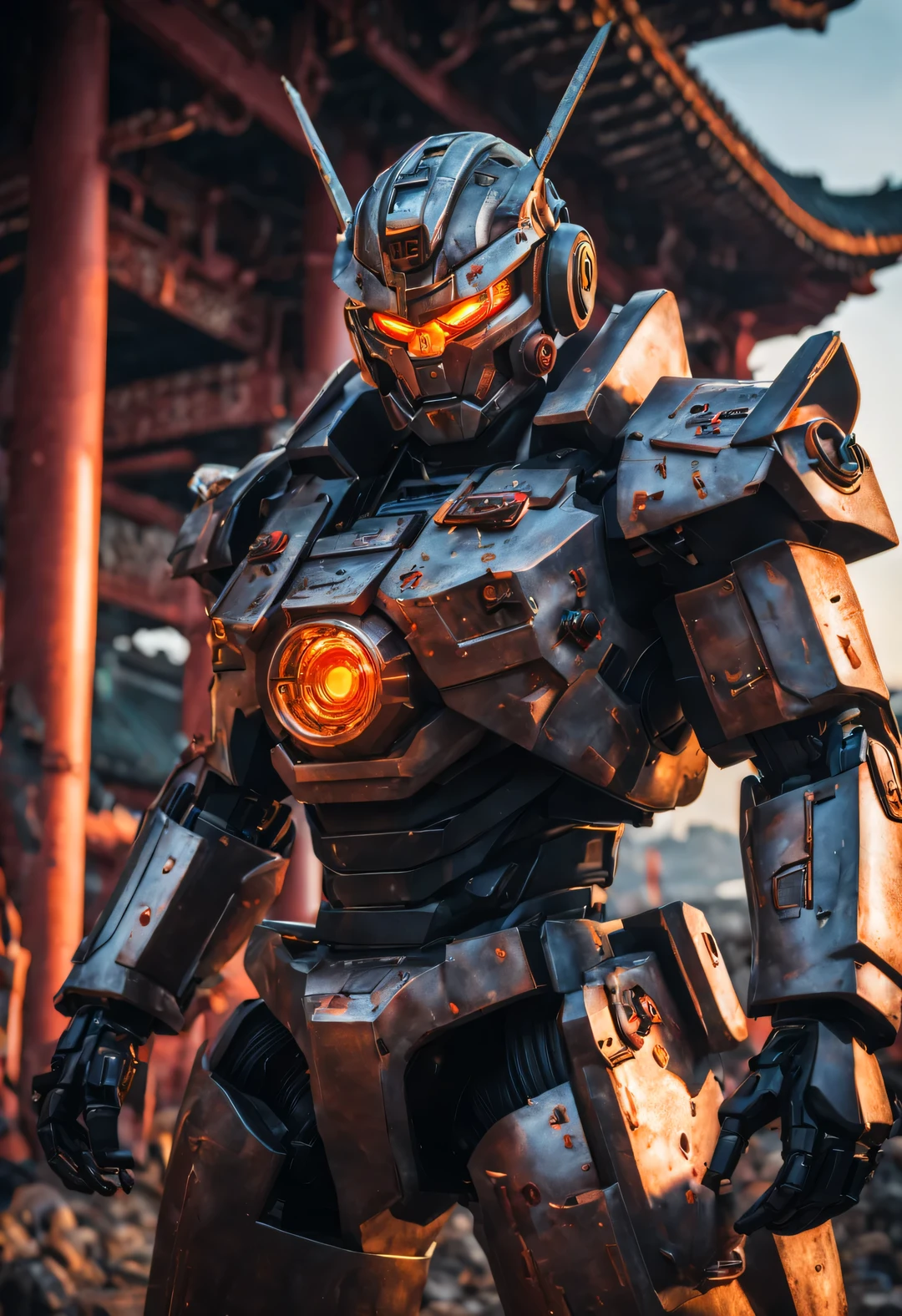 Realistic photos,studio photography,human development report,8k,illumination,戏剧illumination,personification,portrait,史诗illumination,Surreal,human development report、8k,面部illumination,Ray tracing,Canon EOS 5D Mark III,85mm,体积illumination,
Cyber warrior wearing mecha, There is a pagoda on the head and body, Has characteristics such as broken metal, cyberpunk, atom punck, samurai punk, volcanic ash, realism, Sunset, Cinema lighting, and realistic photography