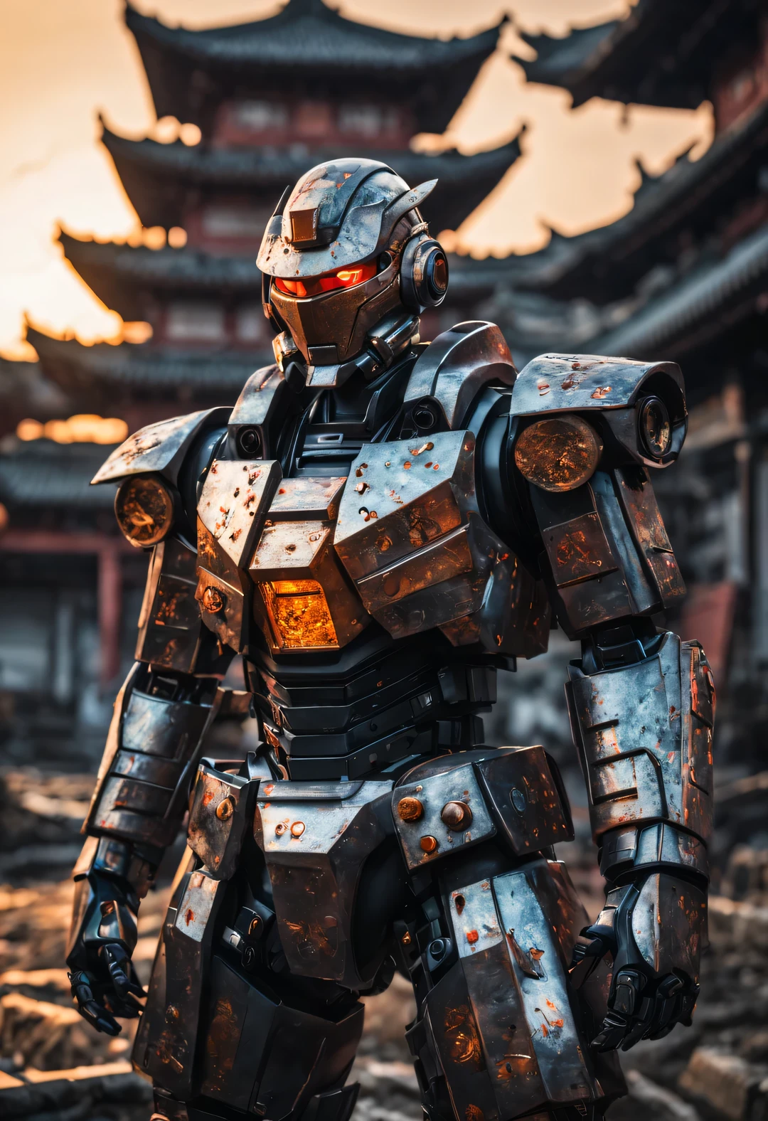 Realistic photos,studio photography,human development report,8k,illumination,戏剧illumination,personification,portrait,史诗illumination,Surreal,human development report、8k,面部illumination,Ray tracing,Canon EOS 5D Mark III,85mm,体积illumination,
Cyber warrior wearing mecha, There is a pagoda on the head and body, Has characteristics such as broken metal, cyberpunk, atom punck, samurai punk, volcanic ash, realism, Sunset, Cinema lighting, and realistic photography