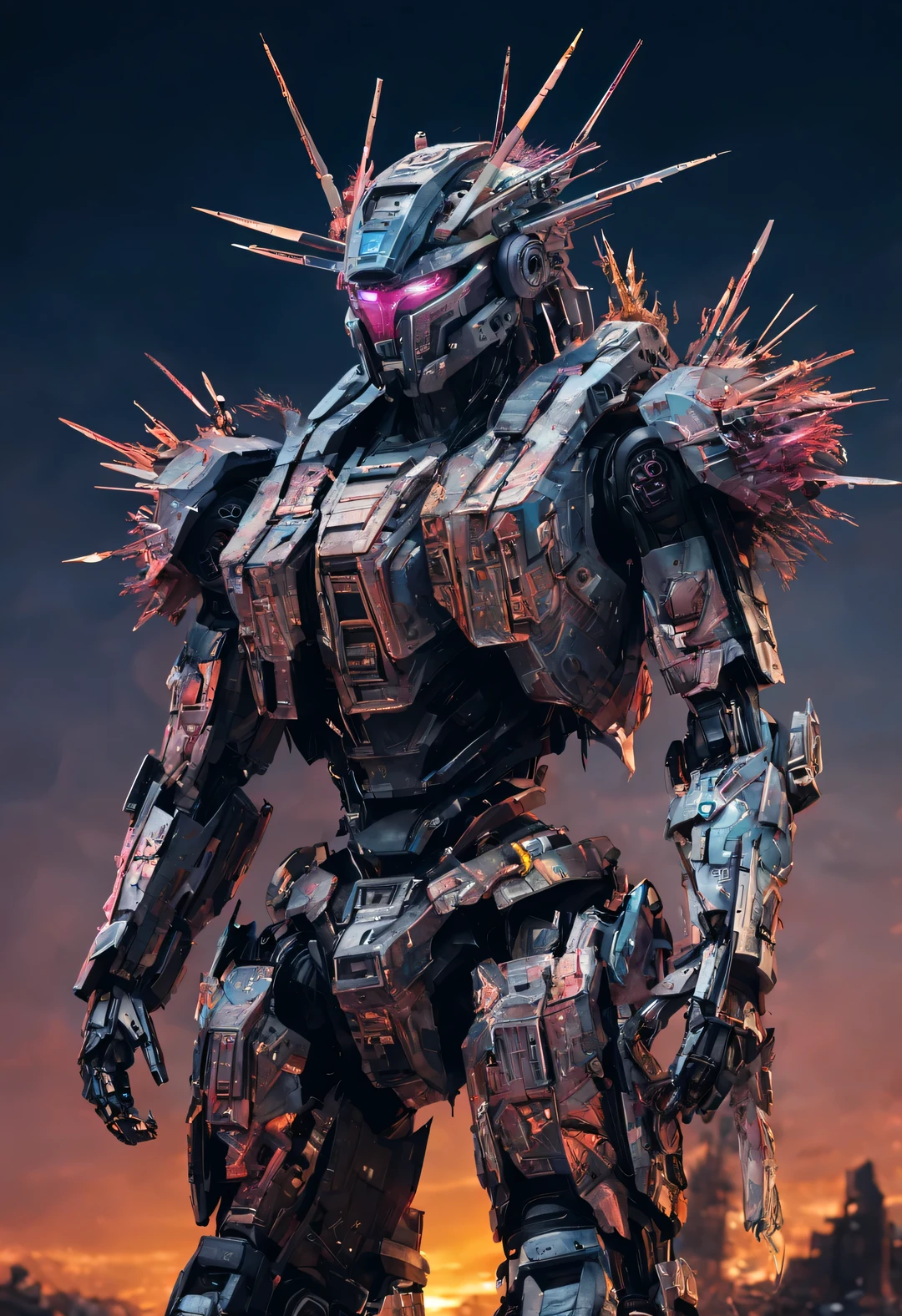 whole body, Cyber warrior wearing mecha, A pagoda on the head, Kahn Griffiths, Shredded paper, Metal fragments, cyberpunk, atom punck, samurai punk, volcanic ash, realism, Sunset, Cinema lighting, and realistic photography,