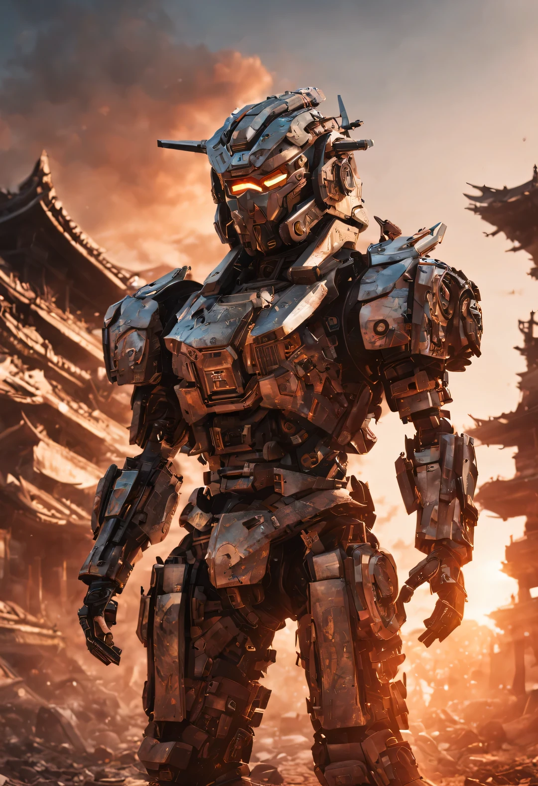 Cyber warrior wearing mecha, Pagoda overhead,whole body pagoda,
Style is Garald Brom, Featuring shredded paper, Metal fragments, cyberpunk, atom punck, samurai punk, volcanic ash, realism, Sunset, movie lighting, and realistic photography
