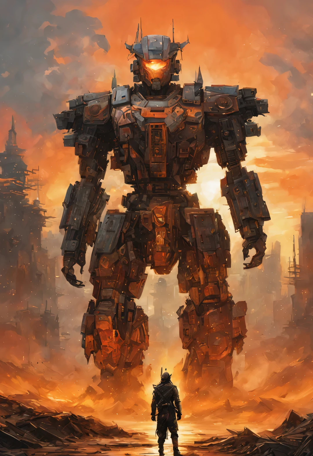 Cyber warrior wearing mecha, There is a pagoda on the head, Gediminas Plankevicius, Erpingmian, Mobius, Russ Mills, Carne Griffith, Shredded paper, Metal fragments, cyberpunk, atom punck, samurai punk, volcanic ash, realism, Sunset, movie lighting