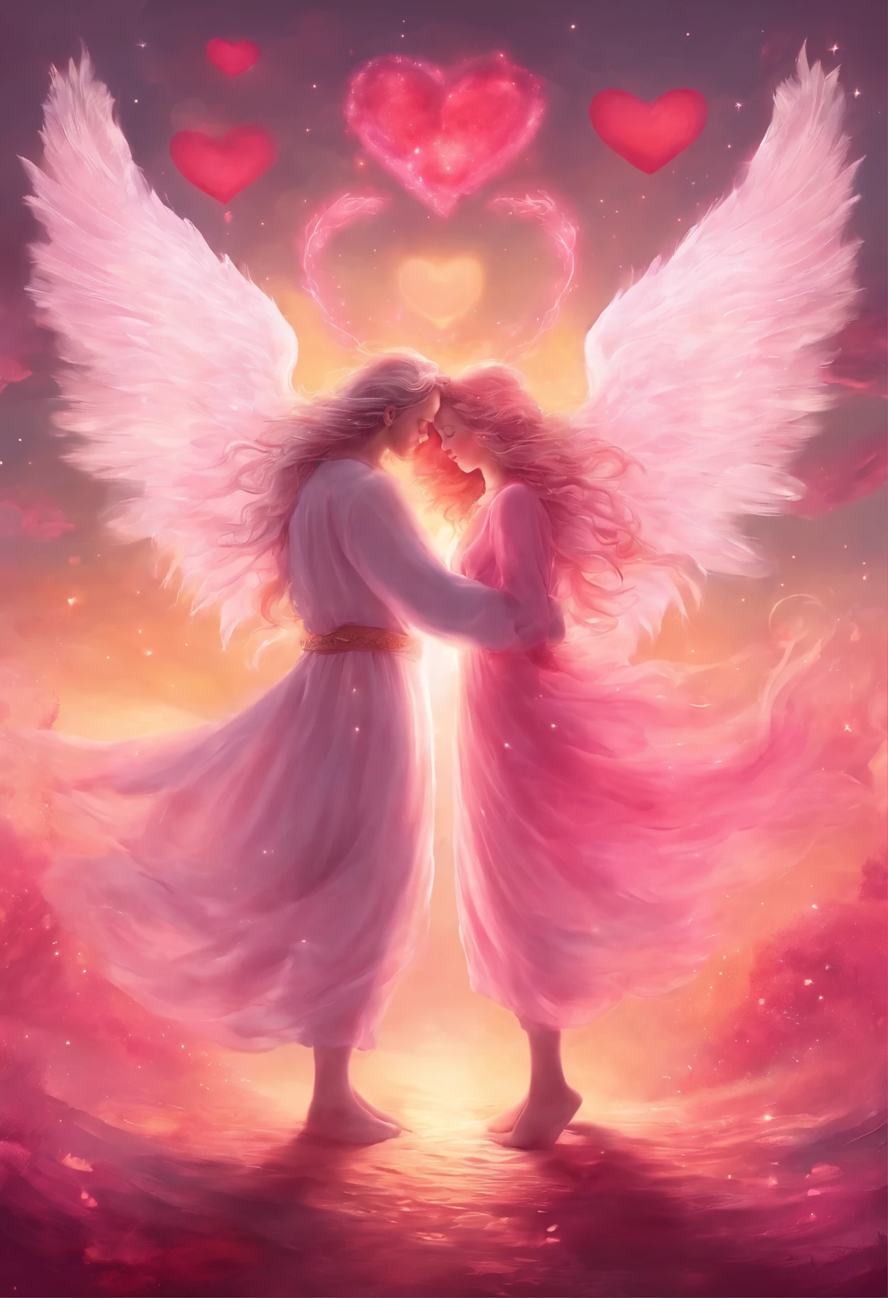 136674331 A heartful image of happiness. An angel and a devil are standing back to back. Their hands are handcuffed. The background is a heart symbol. A world of white and pink