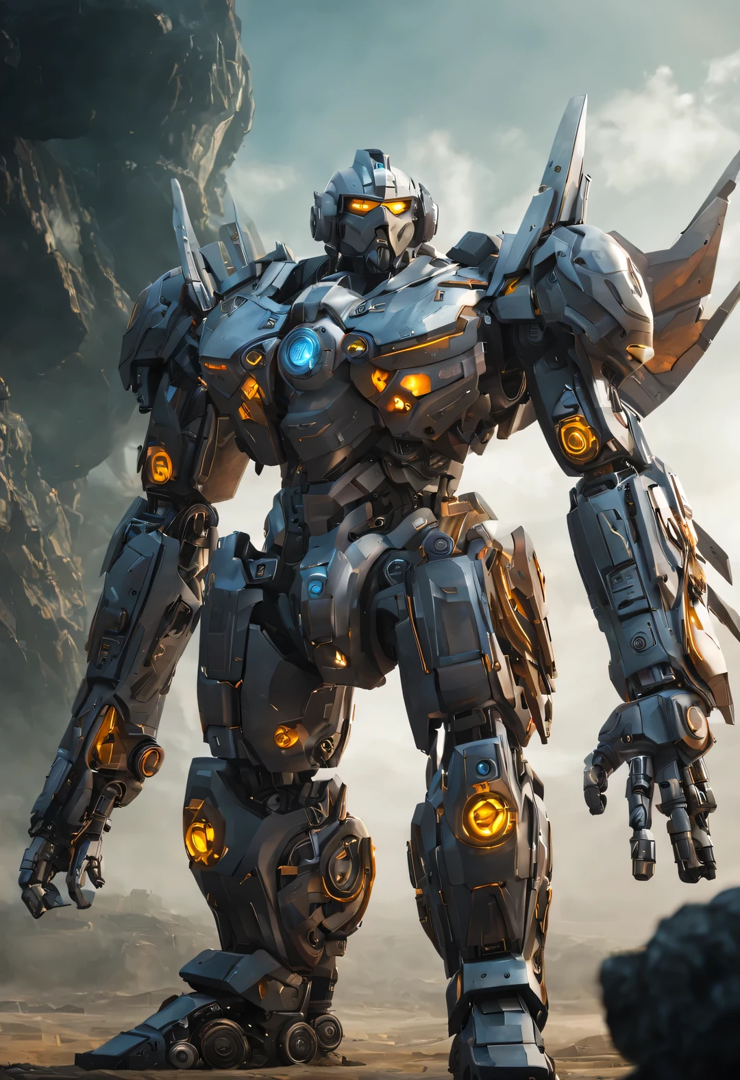 Mecha Warrior is about 8 meters tall,Strong build,The entire body is made of dark gray super alloy material,It is engraved with complex lines and patterns,These designs are not only beautiful,It also increases the structural strength of the body。There is a pair of sharp big eyes on the head,The face has no obvious features,Just a simple and strong armored mask。
machine's holds huge weapons in both hands,That's artificial muscle tissue'Carefully designed and manufactured,With extraordinary power。Legs strong and powerful,Equipped with heavy armor plates and powerful thrusters,Let Mech Warriors move quickly on the battlefield,Overcome various obstacles with ease。
There is a pair of huge mechanical wings installed on the back of the fuselage..,Not only does this provide additional buoyancy,Can also be used as a weapon or tool。When needed,Mechanical wings can be deployed,Show amazing fighting power。
Generally speaking,This mecha warrior looks both powerful and mysterious,Full of futuristic technology。Its presence,It gives a feeling of indestructibility、unparalleled feeling。
futuristic future,Ice Age,Multidimensional,nuclear power nuclear power,Surrealism,Create the world,wormhole,Glow Radioactive radioactive luminophore,nuclear waste glow nuclear waste lamp,Garad Brom Garad Brom,
look up,