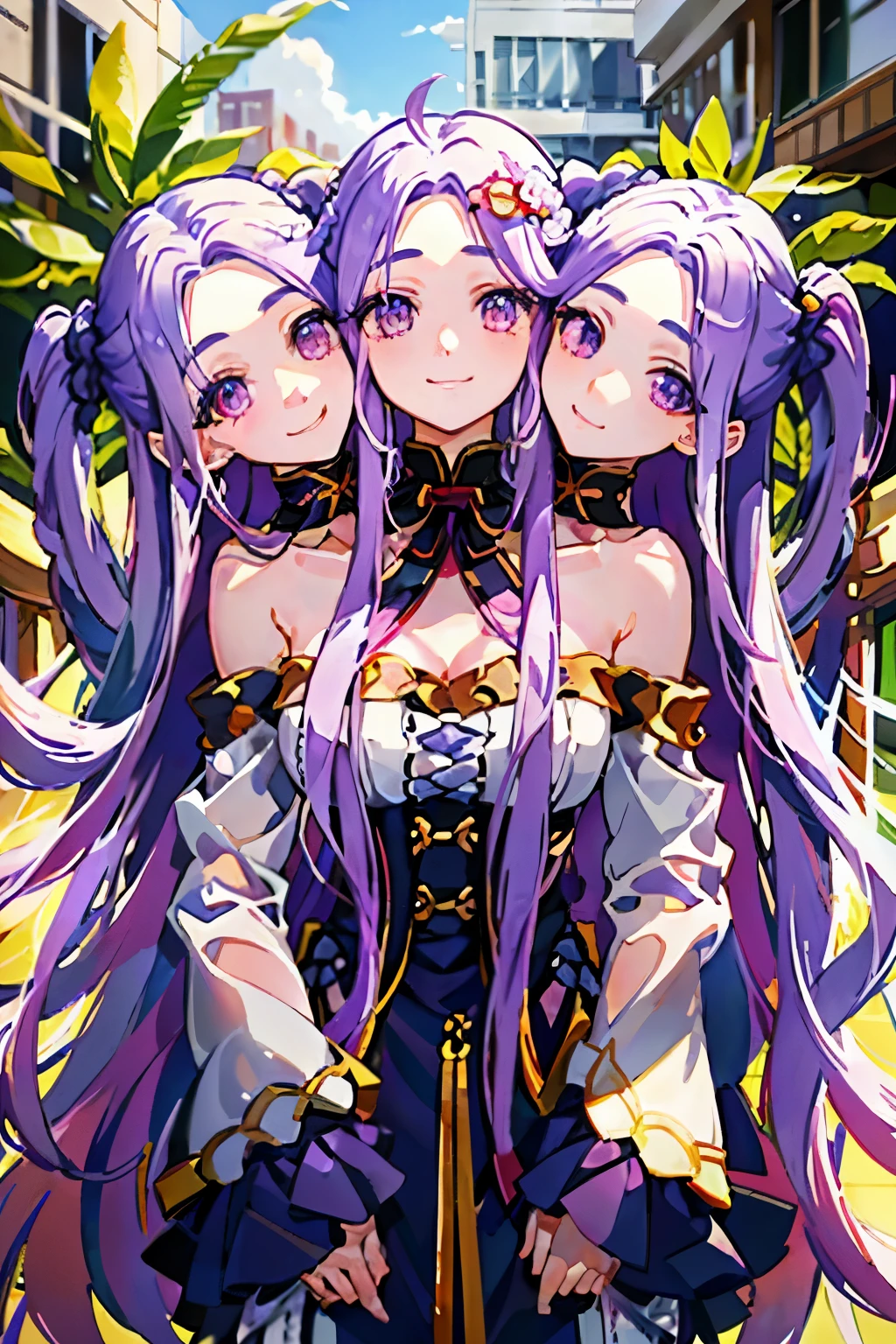 3heads, best quality, masterpiece, 1girl, focused eyes, clear faces, extremely long purple hair, wide hair, braided hair, uncomfortable, identical hair color, same eye color, necks side by side, necks evenly spaced on shoulders, smiling, outdoors ((three heads, 3head):1.5)