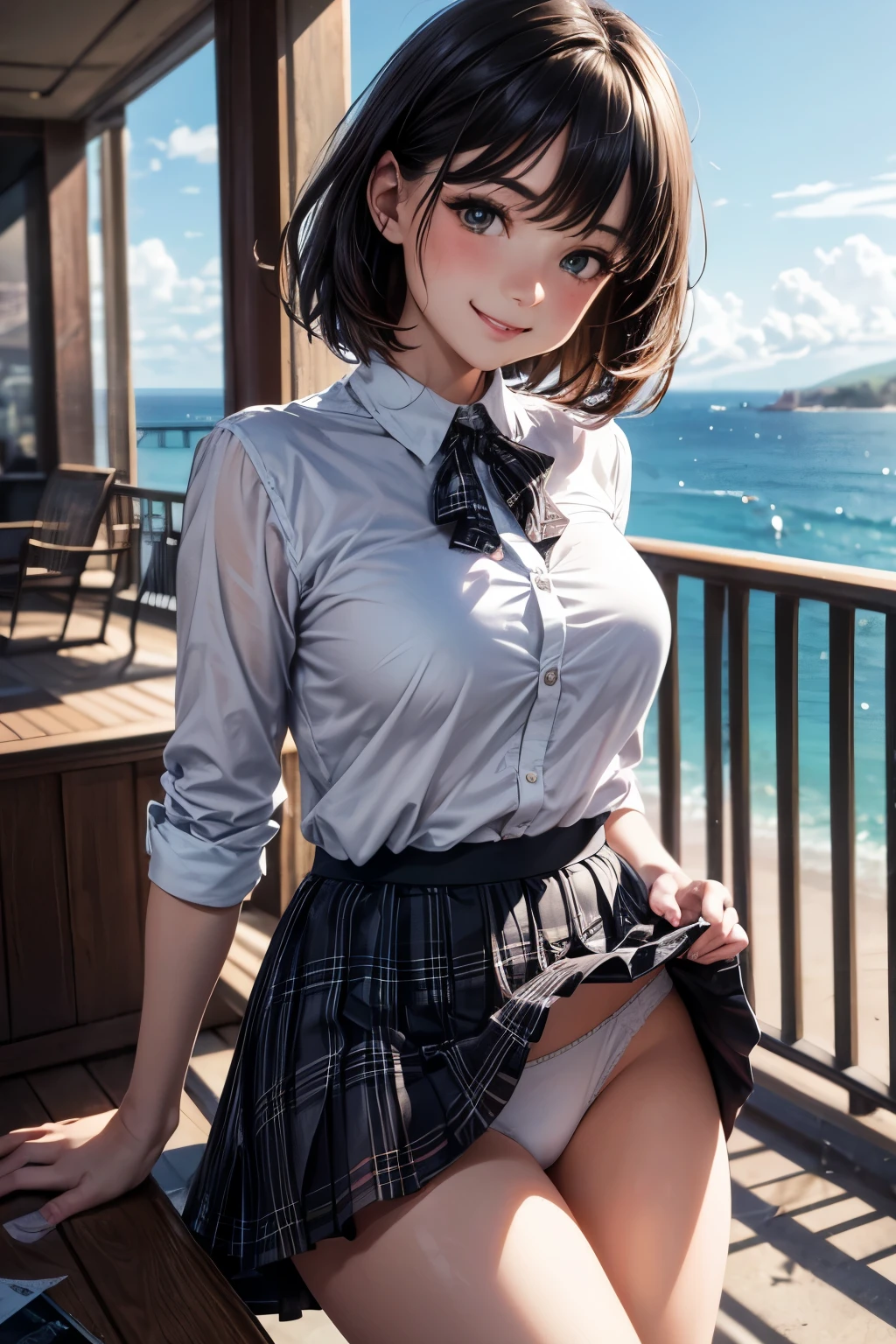 very cute and beautiful girl,(highly detailed beautiful face),white blouse,(pleated plaid 
 mini skirt),dynamic angle,skirt lift,(white panties),(smile:1.2),blush,looking at viewer,black hair, antique hotel bedroom,gorgeous furnitures,balcony,ocean view, (best quality,masterpiece:1.2),absurdres,highres,ultra-detailed,extremely detailed,32k,8k resolution, intricate details,cinematic scene,detailed background,solo,dynamic angle, natural lighting,hair fluttering in the wind,beautiful detailed sky,beautiful hands,