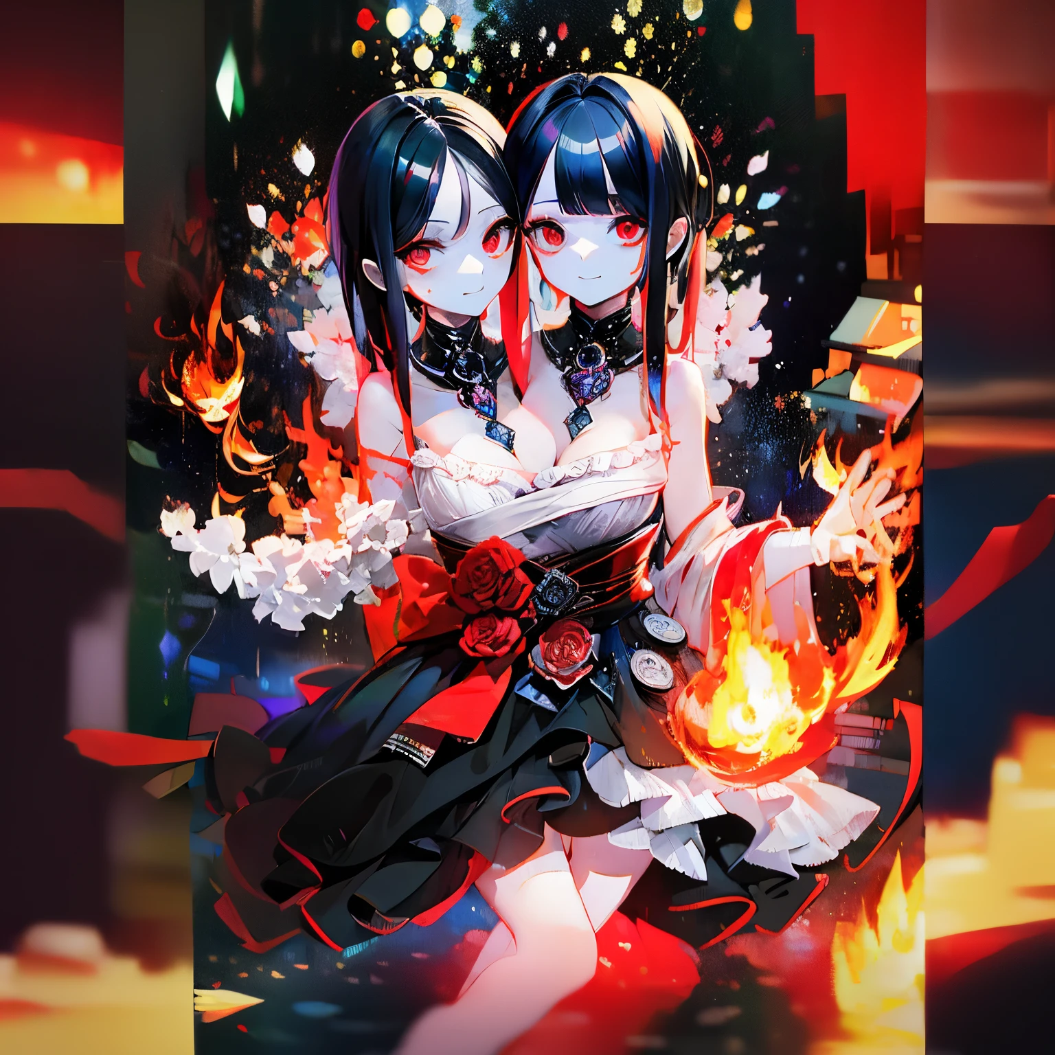 (masterpiece, best quality), best resolution, (2heads:1.5), (Two heads), 1girl, a girl with two heads on one chest, black hair, red eyes, fire witch, blood, light particles, light rays, high contrast, colorful,