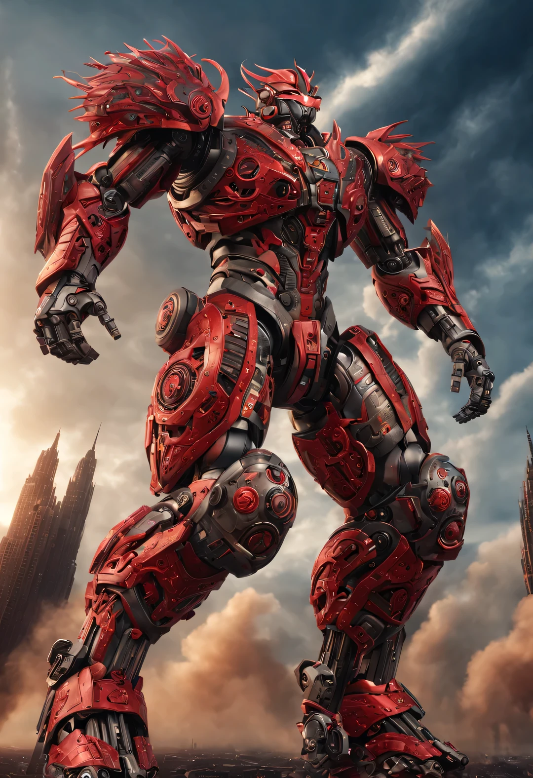 whole body, (A Chinese warrior wearing a mecha "storm red" shooting), (Wearing a zoom telescope on your head), Mecha Warrior is about 8 meters tall, 手里拿着巨大的nuclear武器. He was burly, and his whole body is made of dark gray superalloy It is engraved with complex lines and patterns. This mecha has three arms, Each machine is equipped with titanium alloy hard rotating blades, It is artificial muscle tissue that has been carefully designed and manufactured, Have extraordinary strength. Height is about 8 meters，Burly physique. Its entire body is made of dark gray high-temperature alloy, It is engraved with complex lines and patterns. Its feet are equipped with chemical-resistant devices, It has chemical thrusters on the back of its legs,
futuristic future, Ice Age, multidimensional, nuclear, orbiting, space, venous veins, hyper reality hyper reality,
broken metal, cyberpunk, atom punck, volcanic ash, realism, Sunset, movie lighting, Realistic photos, studio photography, human development report, 8k, personification, portrait, epic lighting, Ray tracing, Canon EOS 5D Mark III, 85mm, Volumetric lighting, look up,
look up仰视，