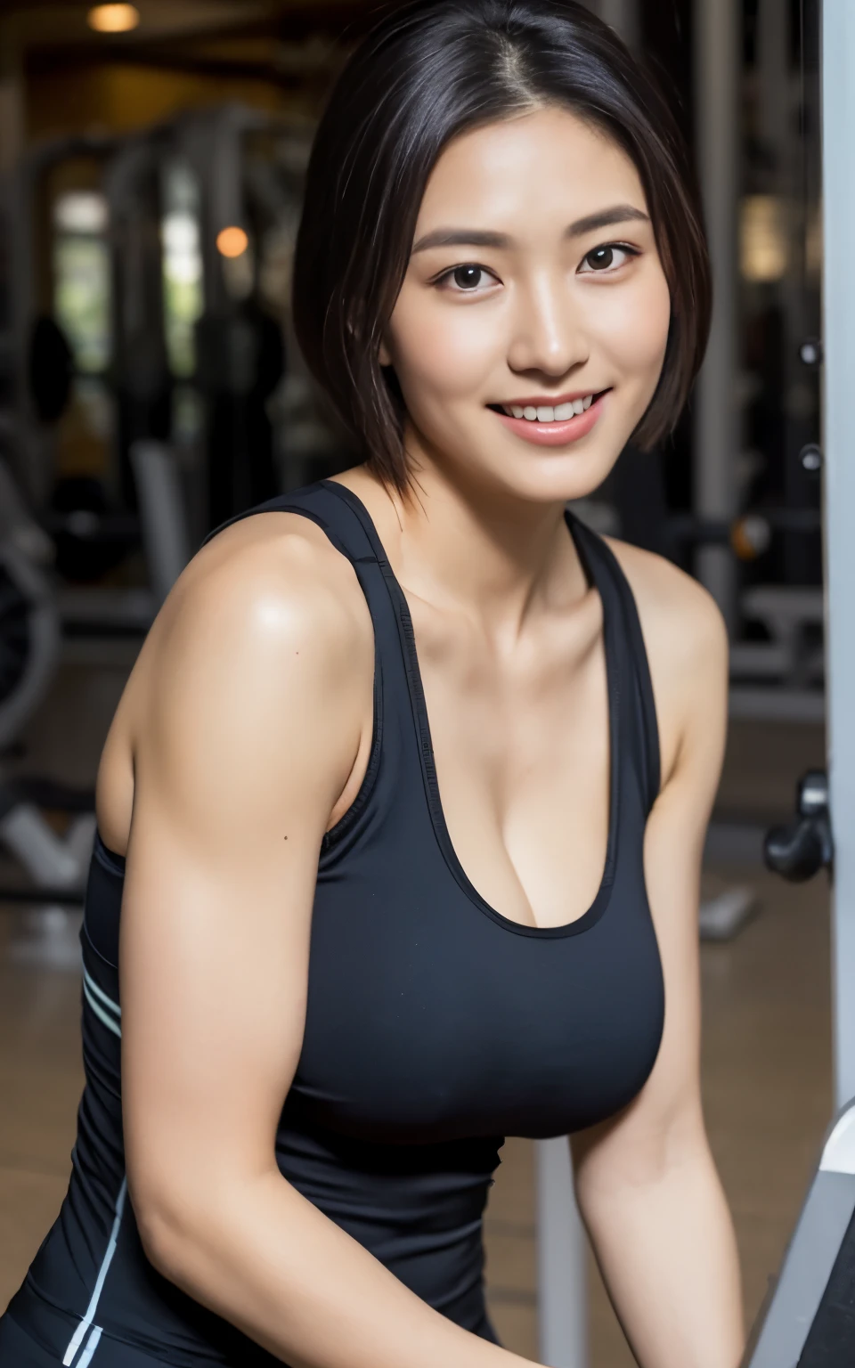 Highly detailed CG unified 8k wallpaper, highest quality, on the table, actual, Photographic Realism, Highly detailed beautiful woman, 42 years old,((Berry short hair))、(((big breasts)))、split , (sweating) , round eyes, ((The shape of the nipple can be seen through the clothing))、actual female hands、audience, blush, Smile, ((tall beautiful woman))、open lips, Took a full body photo , Vest , sportswear ,((Muscle training))、 Squat down, (((薄型sportswear)))、Sports gym、pass upright、Muchimuchi、frontal photography