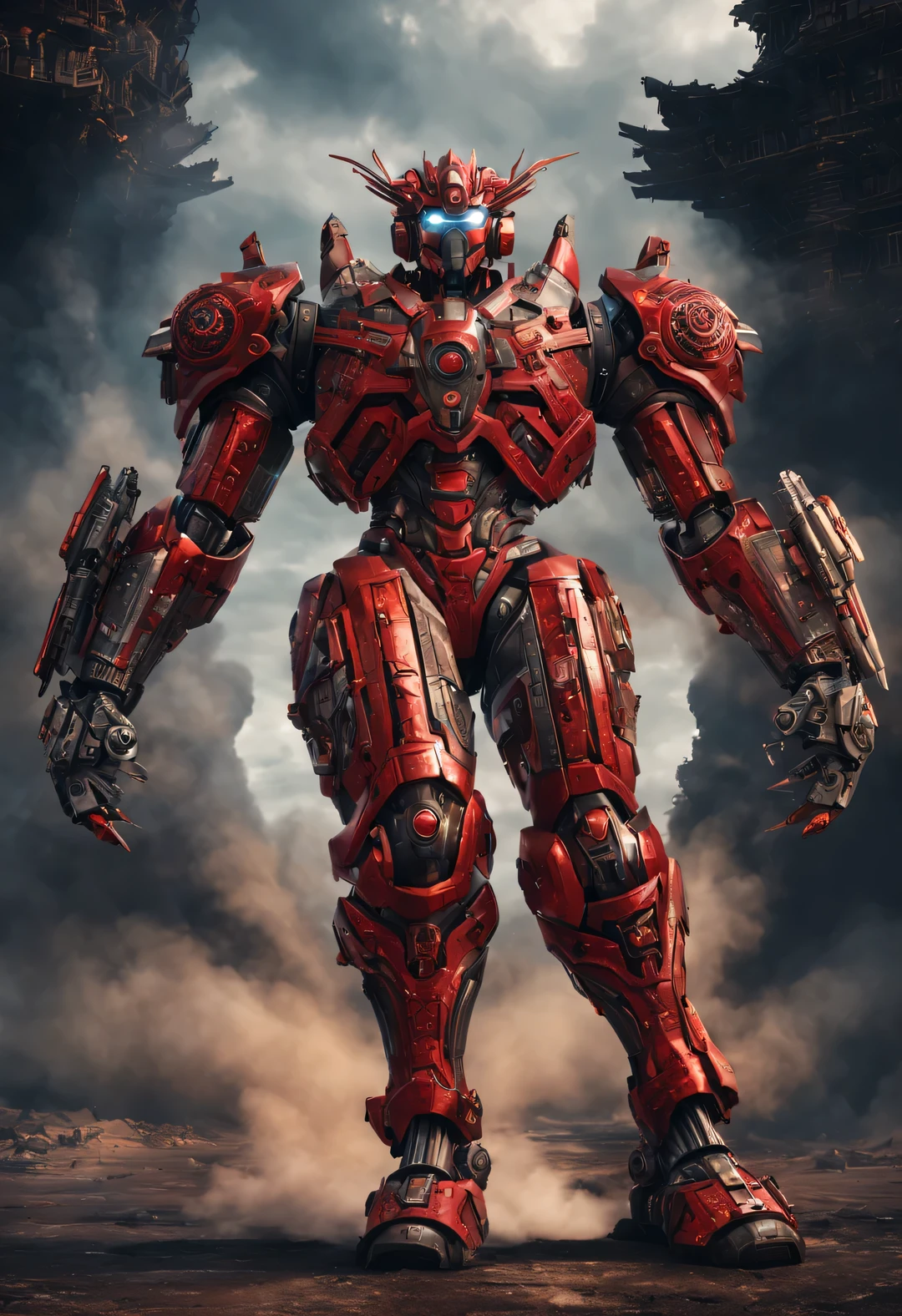 whole body, (A Chinese warrior wearing a mecha "storm red" shooting), (Wearing a zoom telescope on your head), Mecha Warrior is about 8 meters tall, 手里拿着巨大的nuclear武器. He was burly, and his whole body is made of dark gray superalloy It is engraved with complex lines and patterns. This mecha has three arms, Each machine is equipped with titanium alloy hard rotating blades, It is artificial muscle tissue that has been carefully designed and manufactured, Have extraordinary strength. Height is about 8 meters，Burly physique. Its entire body is made of dark gray high-temperature alloy, It is engraved with complex lines and patterns. Its feet are equipped with chemical-resistant devices, It has chemical thrusters on the back of its legs,
futuristic future, Ice Age, multidimensional, nuclear, orbiting, space, venous veins, hyper reality hyper reality,
broken metal, cyberpunk, atom punck, volcanic ash, realism, Sunset, movie lighting, Realistic photos, studio photography, human development report, 8k, personification, portrait, epic lighting, Ray tracing, Canon EOS 5D Mark III, 85mm, Volumetric lighting, look up,
look up仰视，