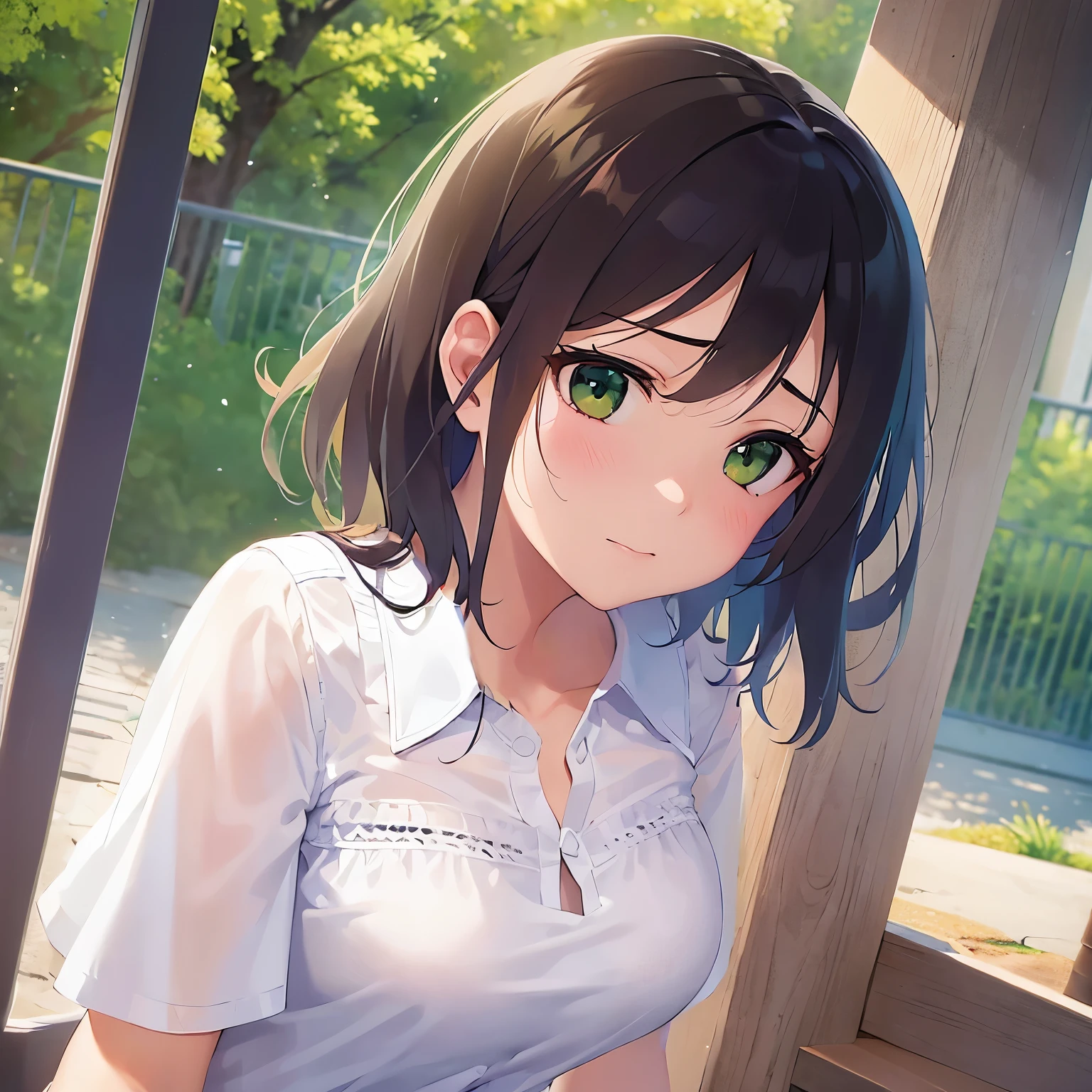 1 girl, solo, White Polo Shirt, White mini skirt, masterpiece, best quality, Super detailed, (Sweating:1.4), absurd, looking at the audience, short black hair, brown eyes,(Thick thighs:1.0),Sky,Tree,Awa Onsen,bath,bikini,rain,white,Charming smile,Underboob exposed,Flower headdress,Waving,love letter,Blushed,Squat down,Fold your hands on your knees,Lower chest exposed