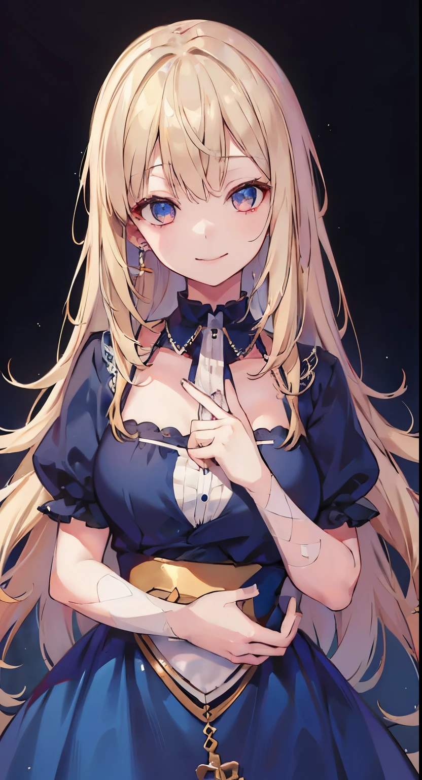 ((Beautiful Beautiful Girl)), light pink big eyes,  1  and slender woman, slightly larger breasts,   ((thin blonde hair)),((Bangs center parted long hair,)),In 8K, top quality, (highly detailed head: 1.0), (very detailed face: 1.0), (highly detailed hair: 1.0),((Blue cute Dress)),  ((pure)),Detailed official artwork,  clean detailed anime art,((Dubious smile)),saint