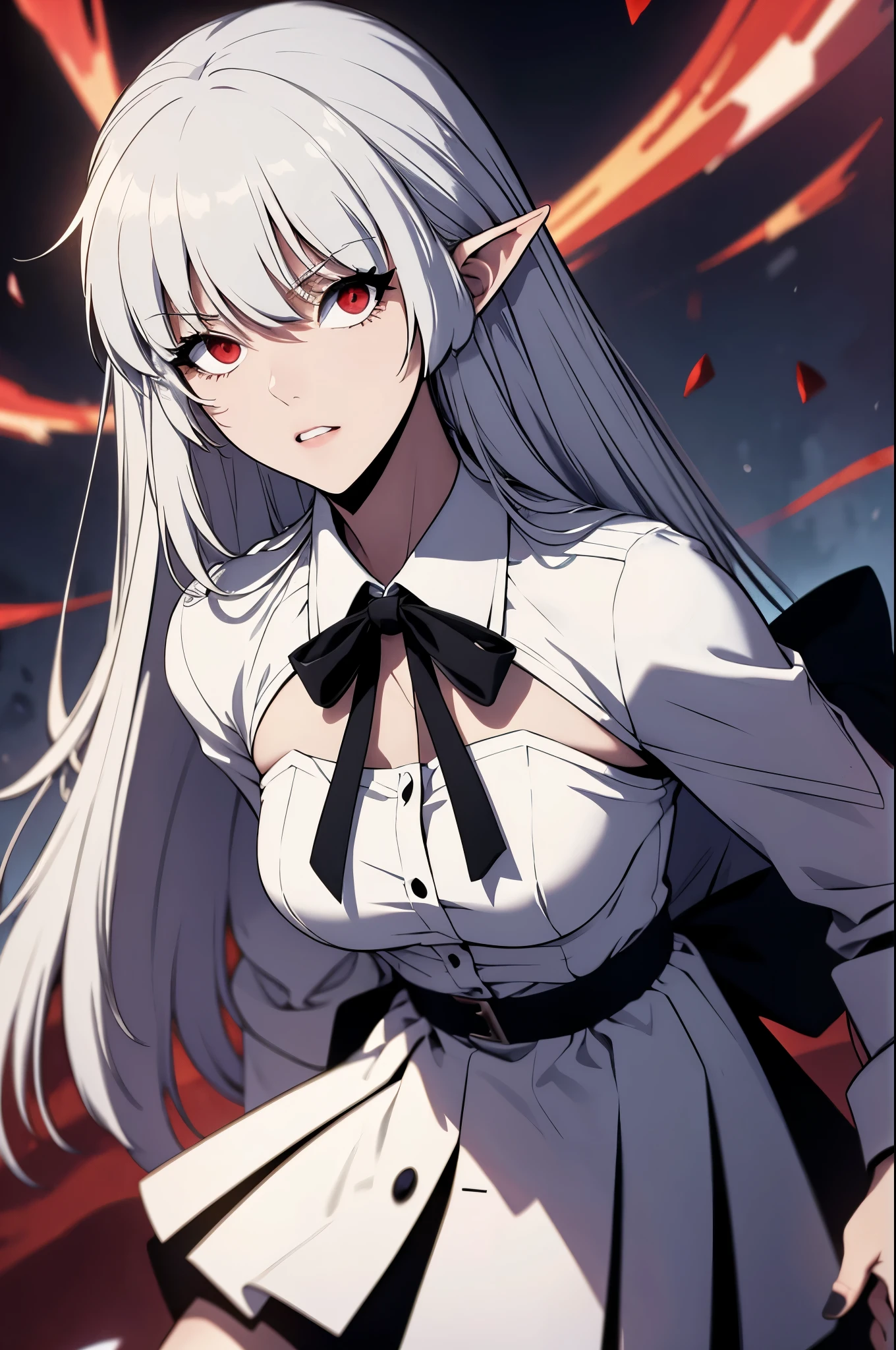 alice vampire grey hair, long hair, red eyes, pointy ears, small breasts white shirt, frills, neck ribbon, black skirt