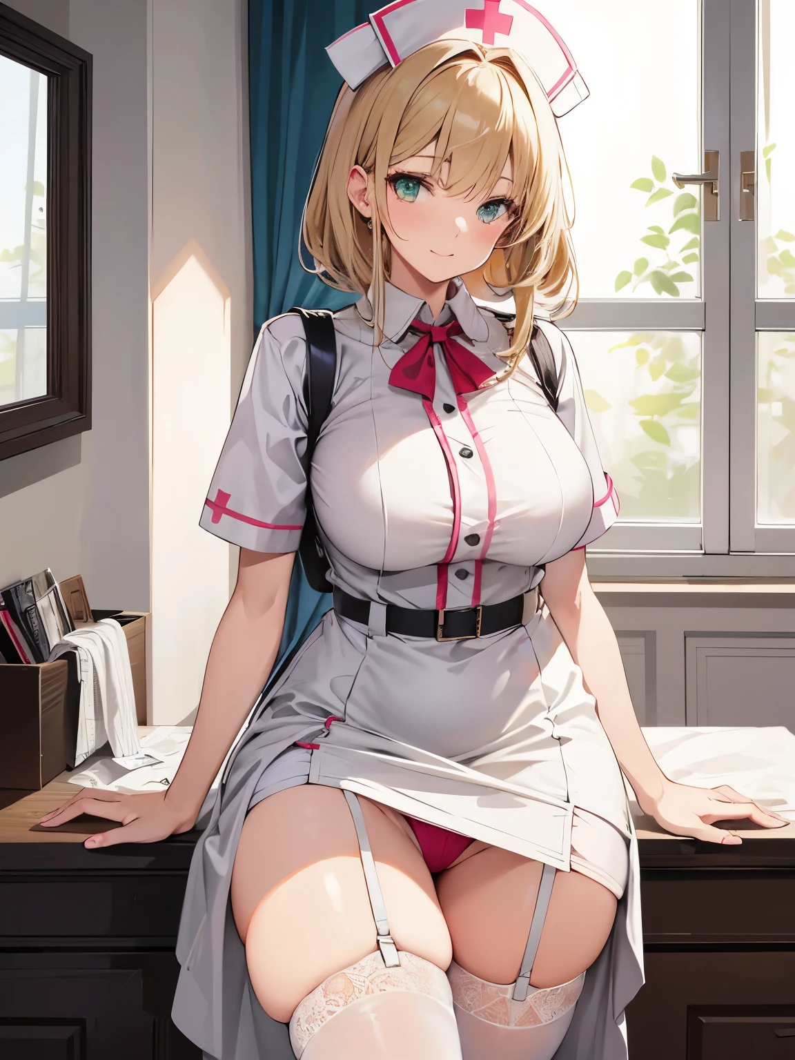 masterpiece, best quality, finely detailed, 1girl, anime, nurse, solo, underwear, panties, thigh-highs, stockings, suspenders, nurse cap, mature woman, over 45 years old, breasts, hat, clothes lift, revealing, green eyes, blond hair, white thigh-highs, smile, dress, dressing room, looking at viewer, dress lift, blush, elegant, realistic, 4K, ultra-detailed, focus on the face and body, admiring herself in the mirror.
The shelf held a masterpiece of a figure: a solo anime nurse in her late forties. Her outfit was a classic nurse uniform, complete with a white